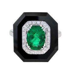 Cassiopeia Art Deco Stil Zambia Smaragd-Diamant-Onyx-Ring aus 14 Karat Weißgold