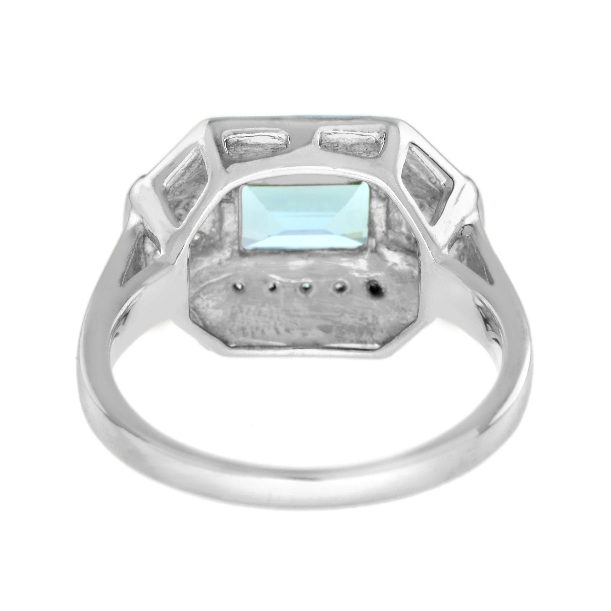 Art Deco Blue Topaz Emerald Cut with Diamond and Black Enamel Ring in 18K White Gold For Sale