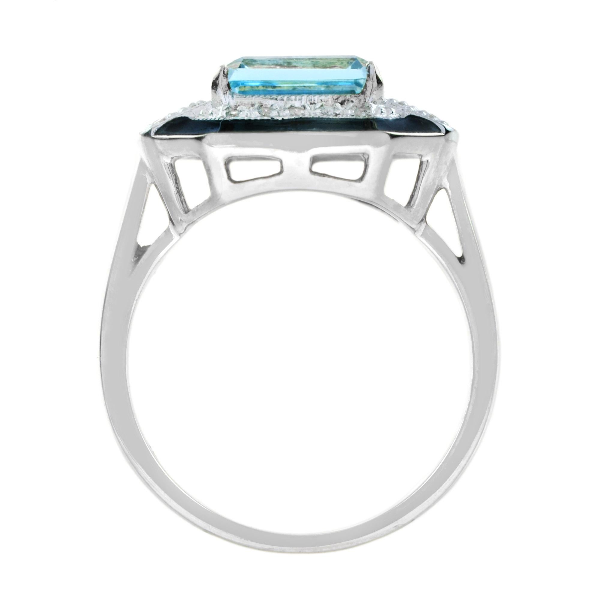 Blue Topaz Emerald Cut with Diamond and Black Enamel Ring in 18K White Gold In New Condition For Sale In Bangkok, TH