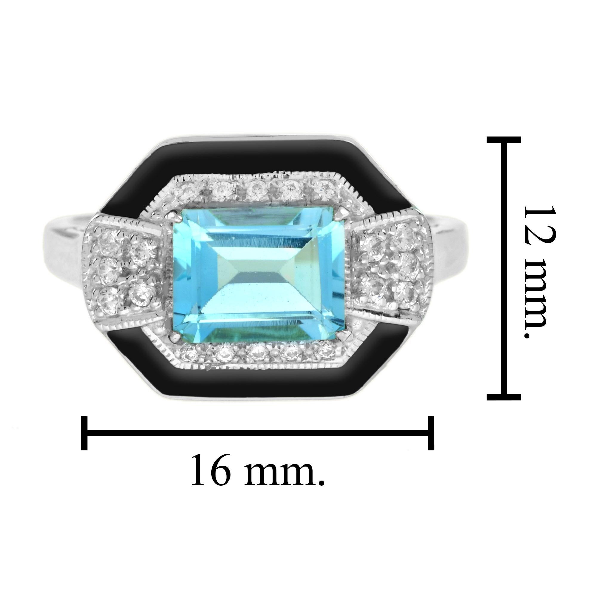 Women's Blue Topaz Emerald Cut with Diamond and Black Enamel Ring in 18K White Gold For Sale