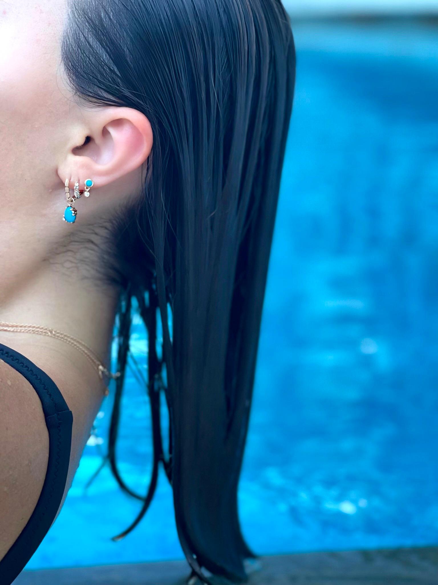 The Treasures of The Sea Collection is inspired by the water element which represents the treasures and natural stones hidden in the depths of the sea.

Cassiopeia Dangle Small Earrings in Rose Gold with Turquoise and White Diamond by Selda