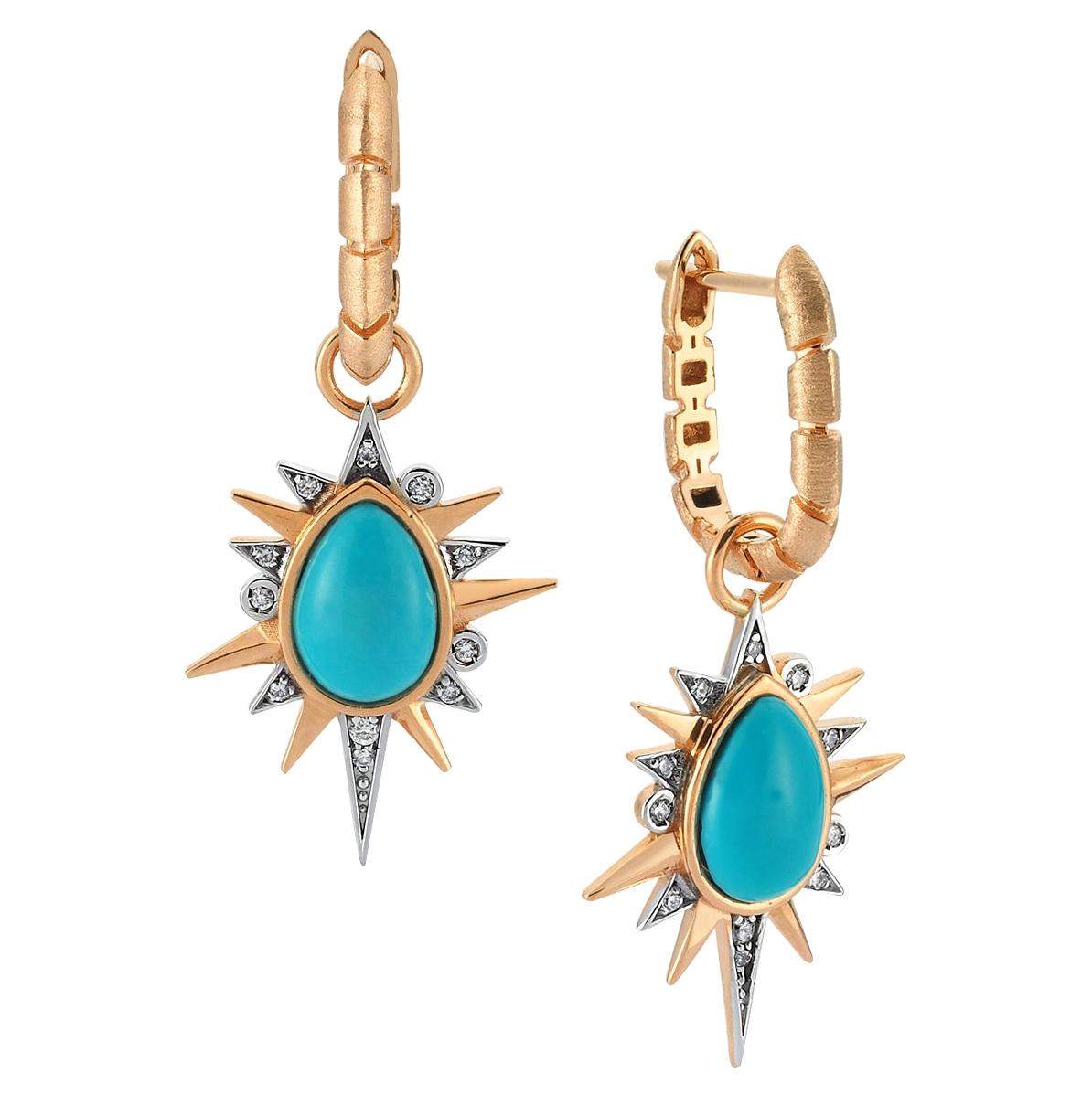 Cassiopeia Dangle Small Earrings in Rose Gold with Turquoise and White Diamond For Sale
