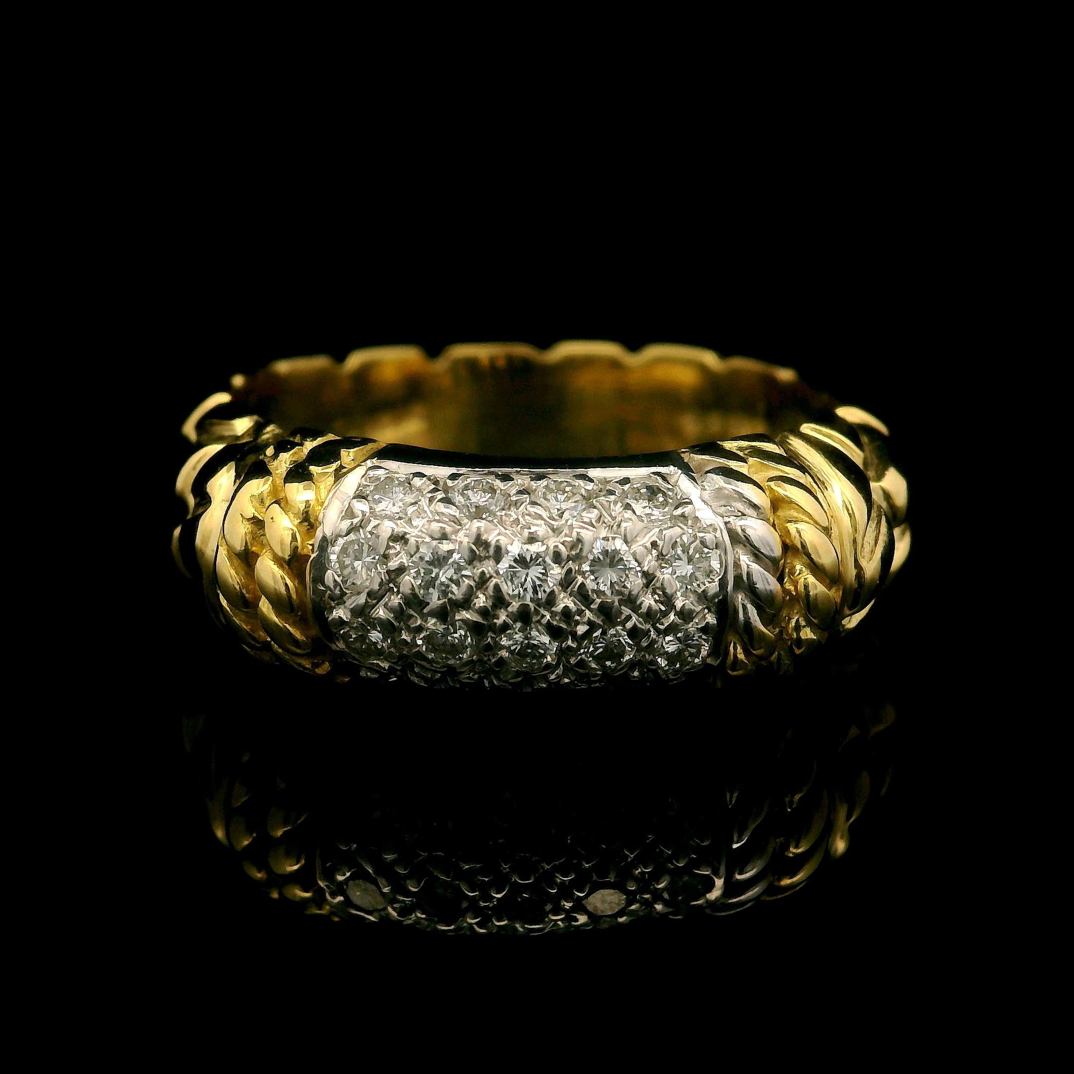 Cassis 18k Yellow Gold 0.20ctw Pave Diamond Section Textured Band Ring Size 6 7