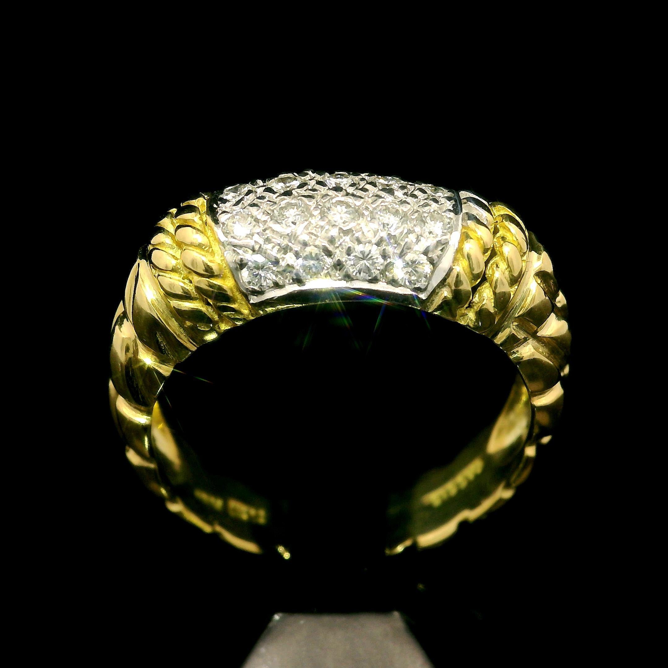 Cassis 18k Yellow Gold 0.20ctw Pave Diamond Section Textured Band Ring Size 6 9