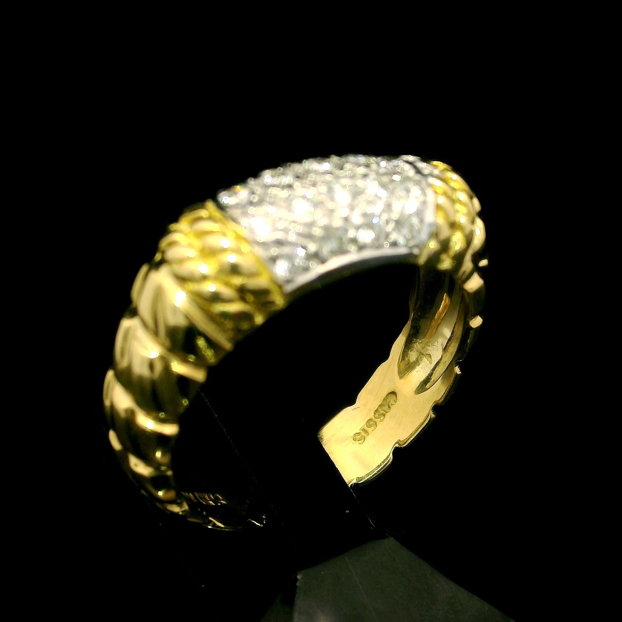 Cassis 18k Yellow Gold 0.20ctw Pave Diamond Section Textured Band Ring Size 6 11