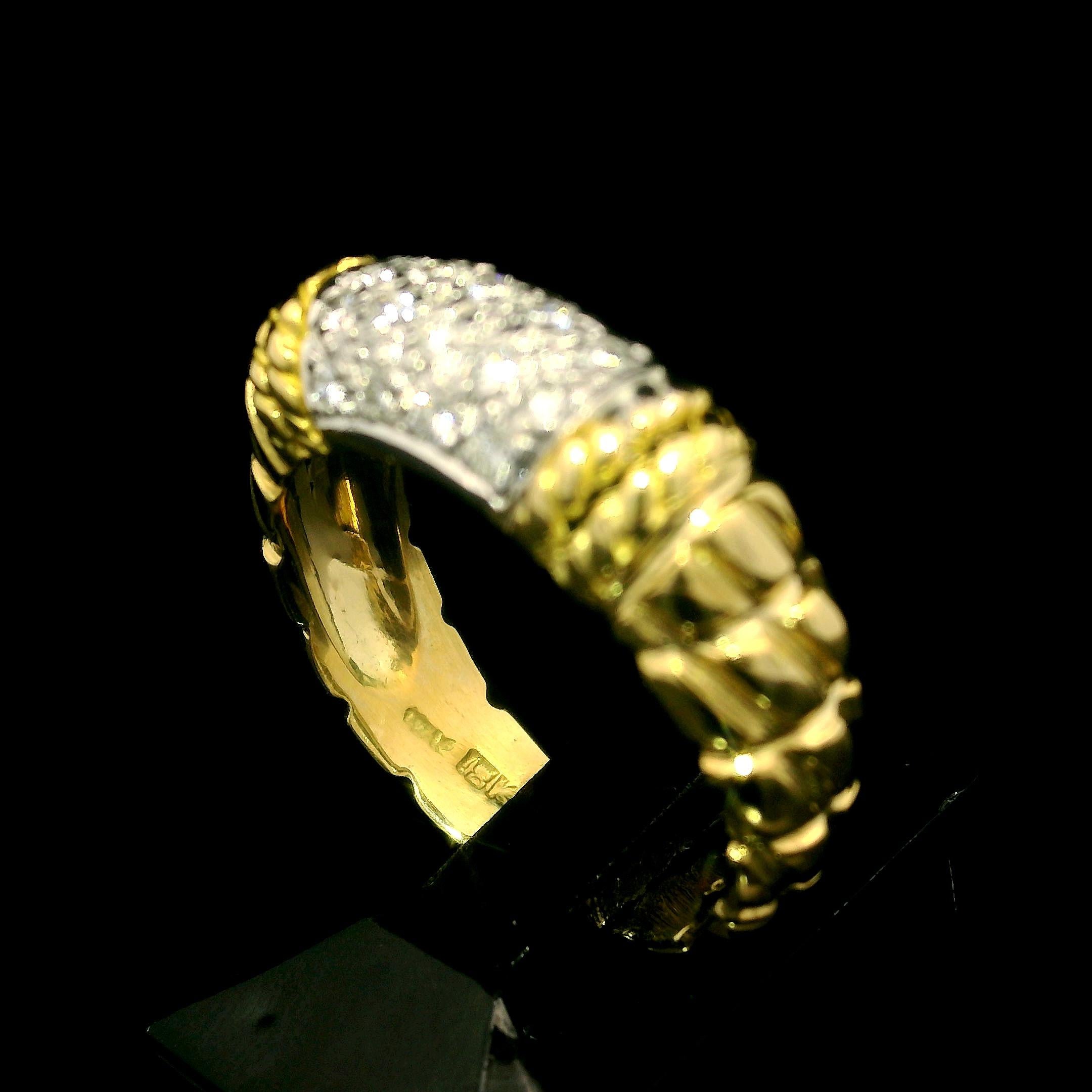 Cassis 18k Yellow Gold 0.20ctw Pave Diamond Section Textured Band Ring Size 6 12