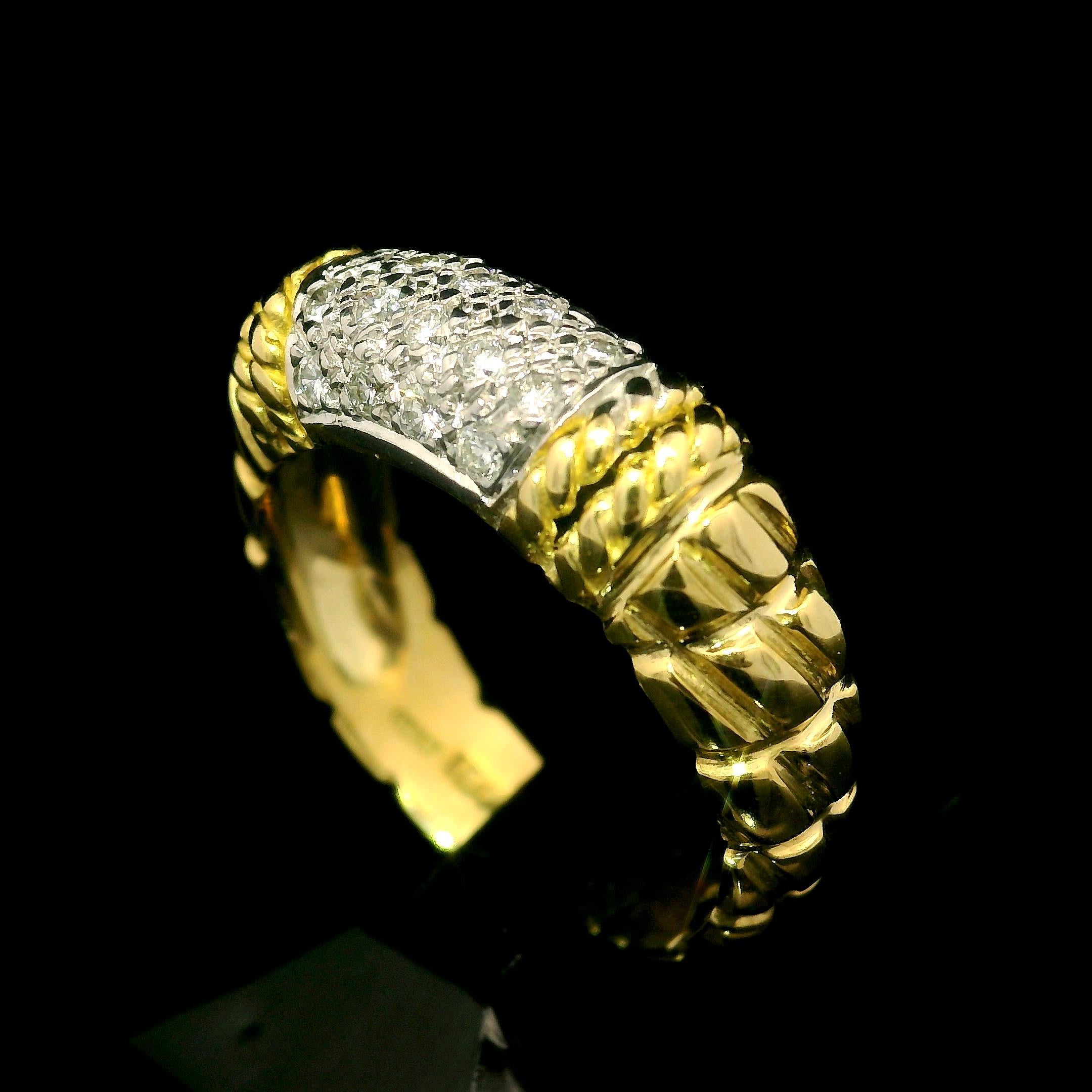 Cassis 18k Yellow Gold 0.20ctw Pave Diamond Section Textured Band Ring Size 6 13