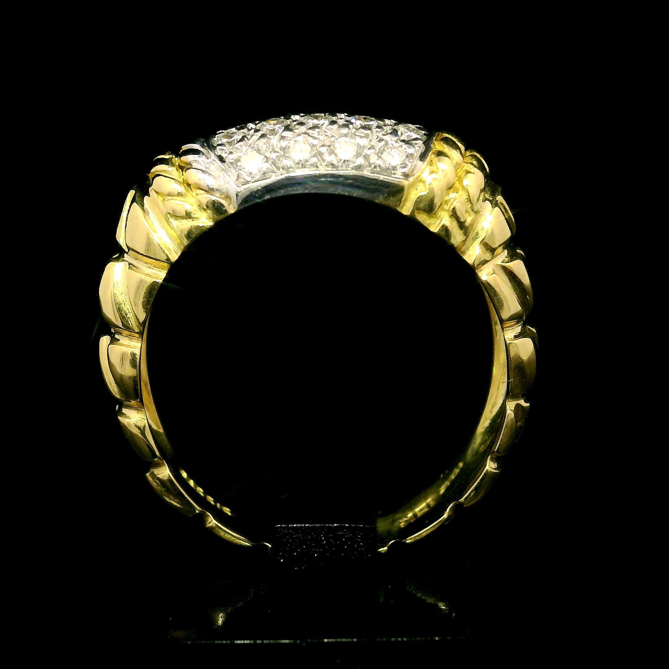 Cassis 18k Yellow Gold 0.20ctw Pave Diamond Section Textured Band Ring Size 6 14