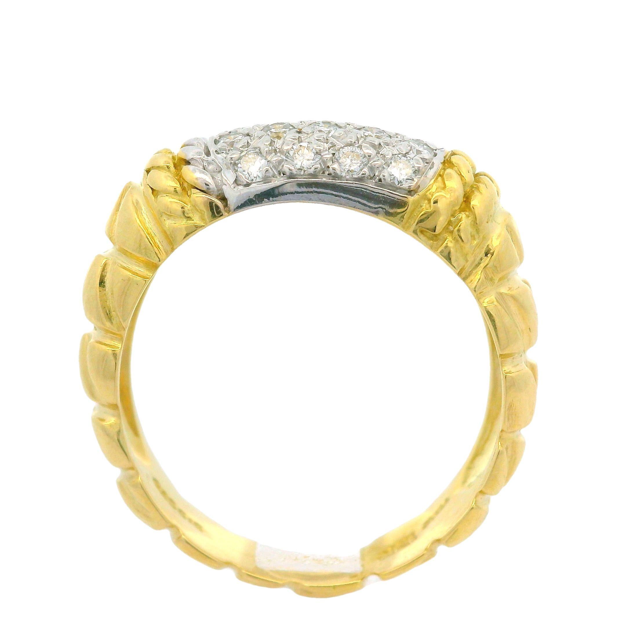 Cassis 18k Yellow Gold 0.20ctw Pave Diamond Section Textured Band Ring Size 6 4