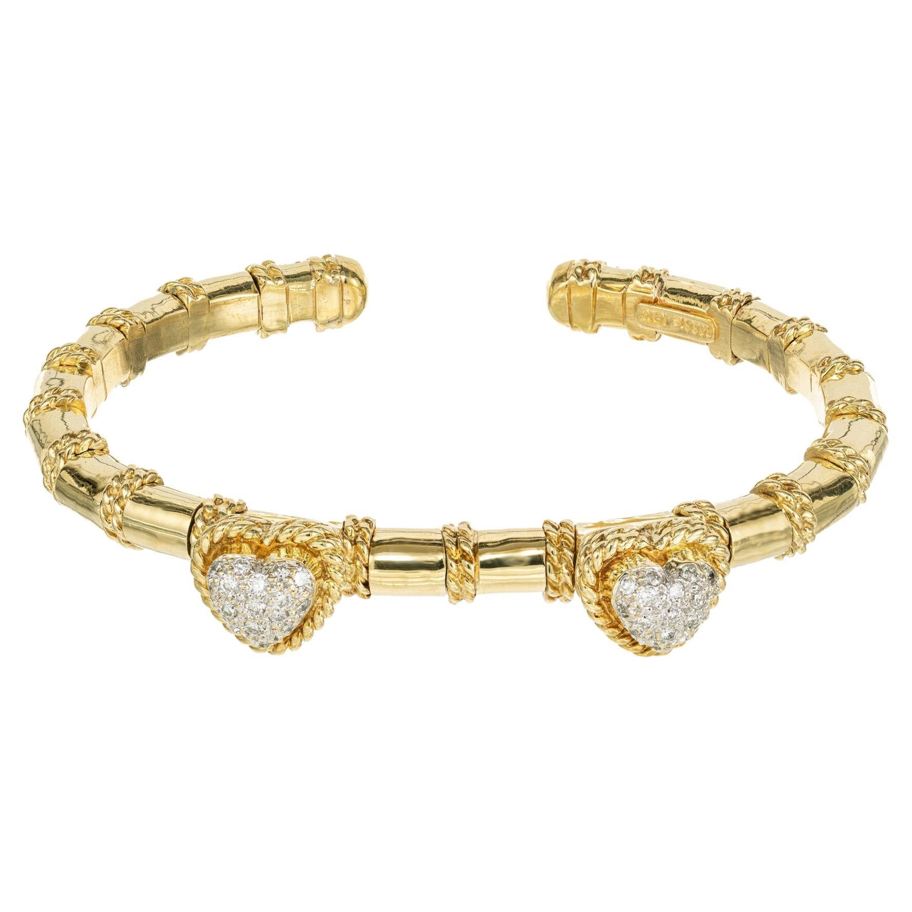 Cassis .55 Carat Diamond Yellow Gold Heart Bangle Bracelet For Sale