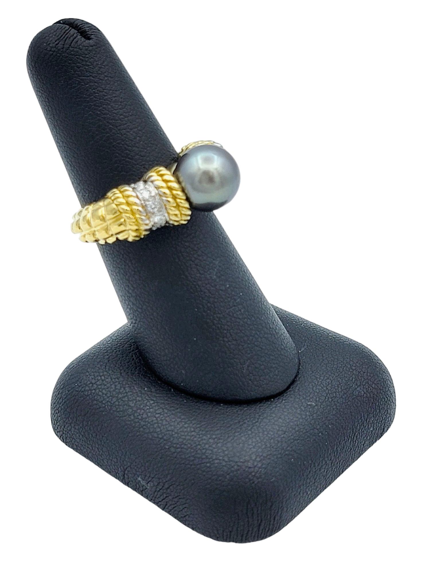 Cassis 9.5 mm Tahitian Pearl and Diamond Ring Set in 18 Karat Yellow Gold  For Sale 4