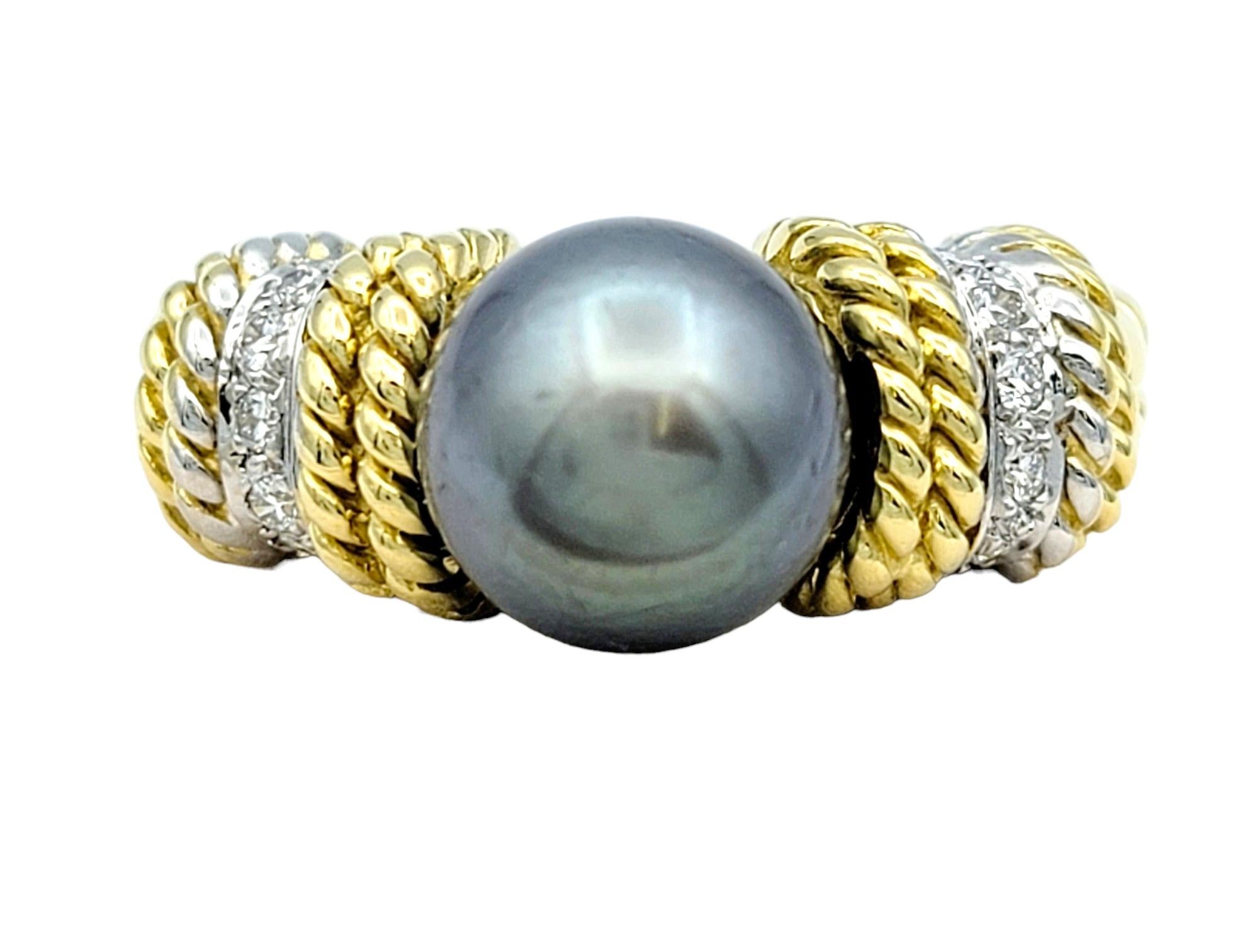 Ring Size: 7

The Cassis Tahitian Pearl Ring exudes sophistication and elegance with its timeless design and exquisite craftsmanship. Crafted in luxurious yellow gold, the band of the ring features intricate ridged detailing that adds texture and