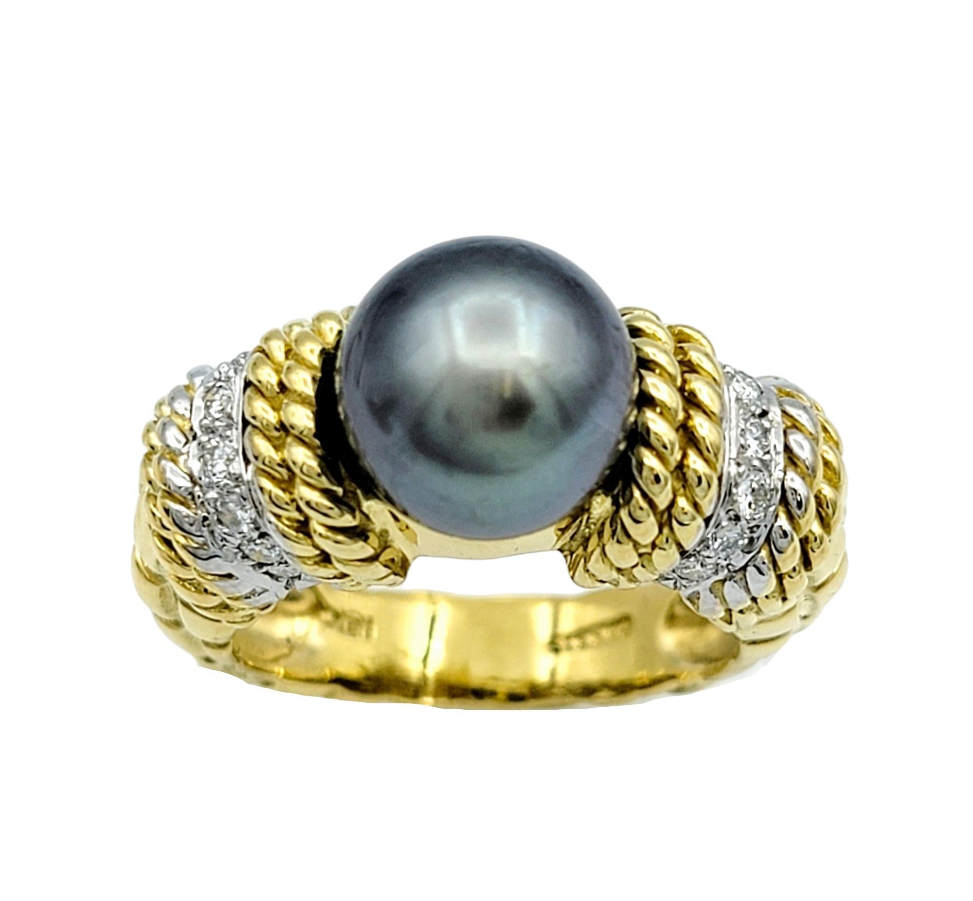 Contemporary Cassis 9.5 mm Tahitian Pearl and Diamond Ring Set in 18 Karat Yellow Gold  For Sale