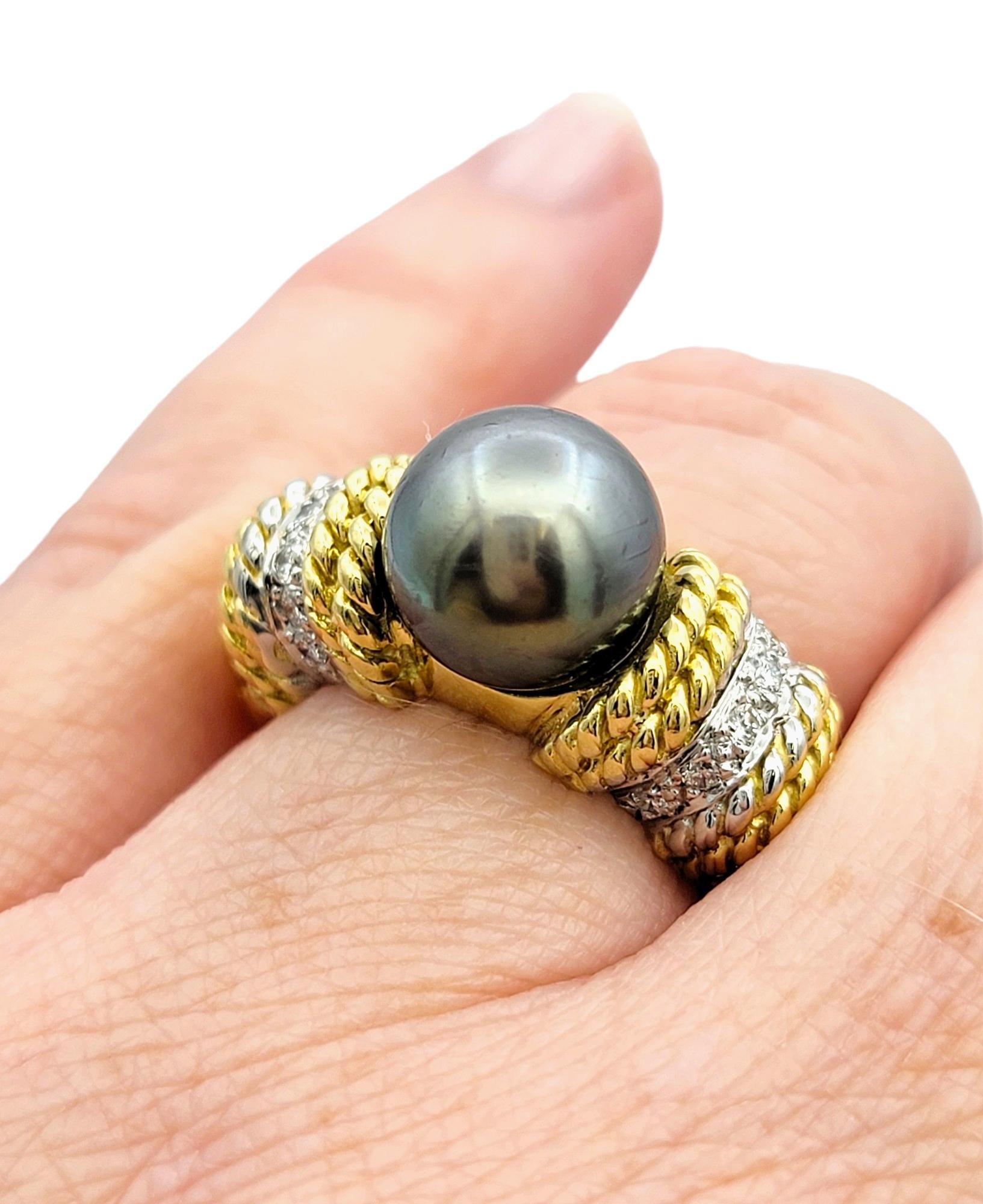 Cassis 9.5 mm Tahitian Pearl and Diamond Ring Set in 18 Karat Yellow Gold  For Sale 2