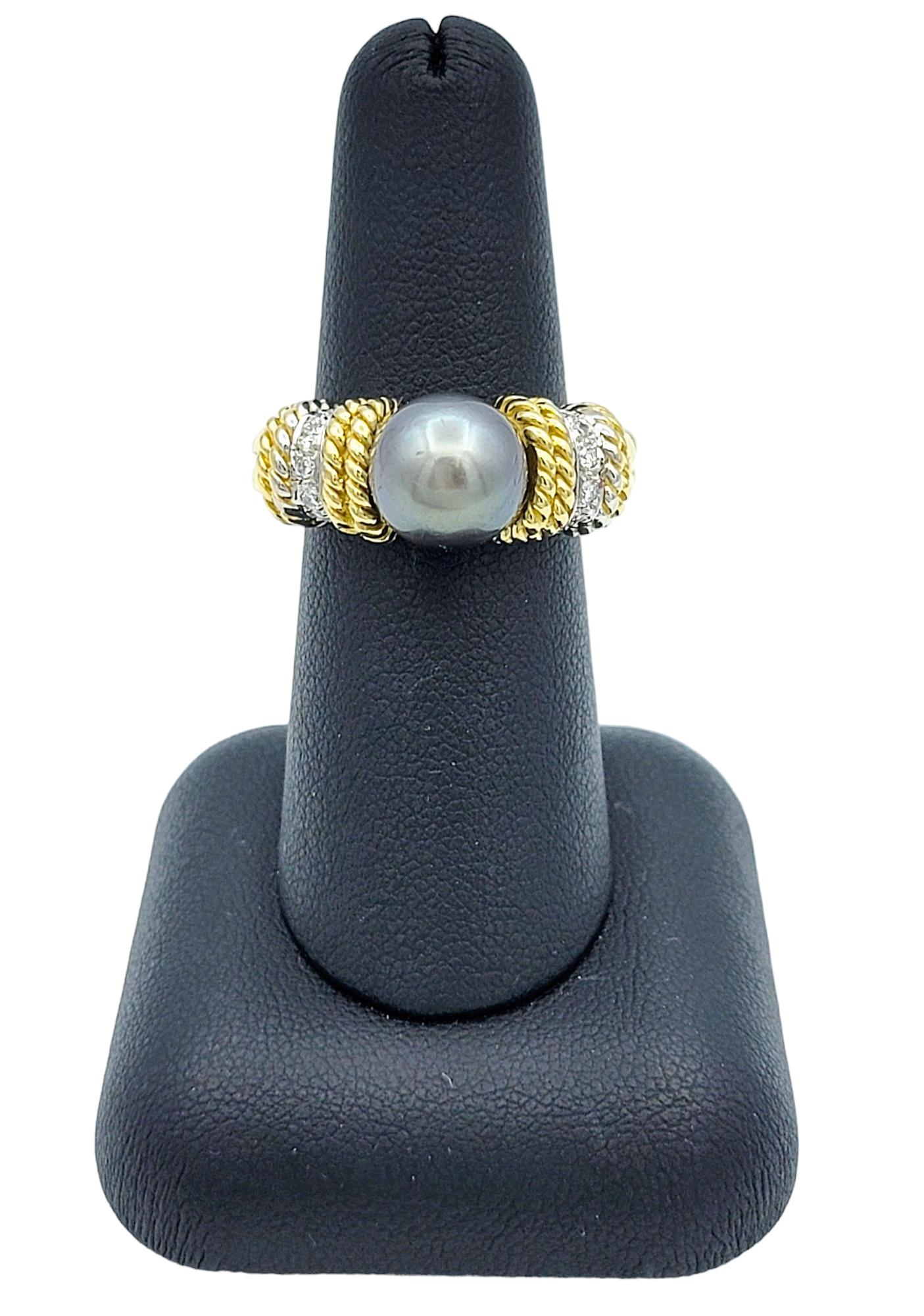 Cassis 9.5 mm Tahitian Pearl and Diamond Ring Set in 18 Karat Yellow Gold  For Sale 3