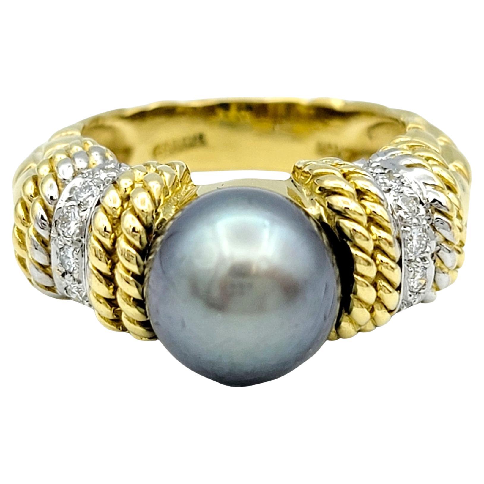 Cassis 9.5 mm Tahitian Pearl and Diamond Ring Set in 18 Karat Yellow Gold  For Sale