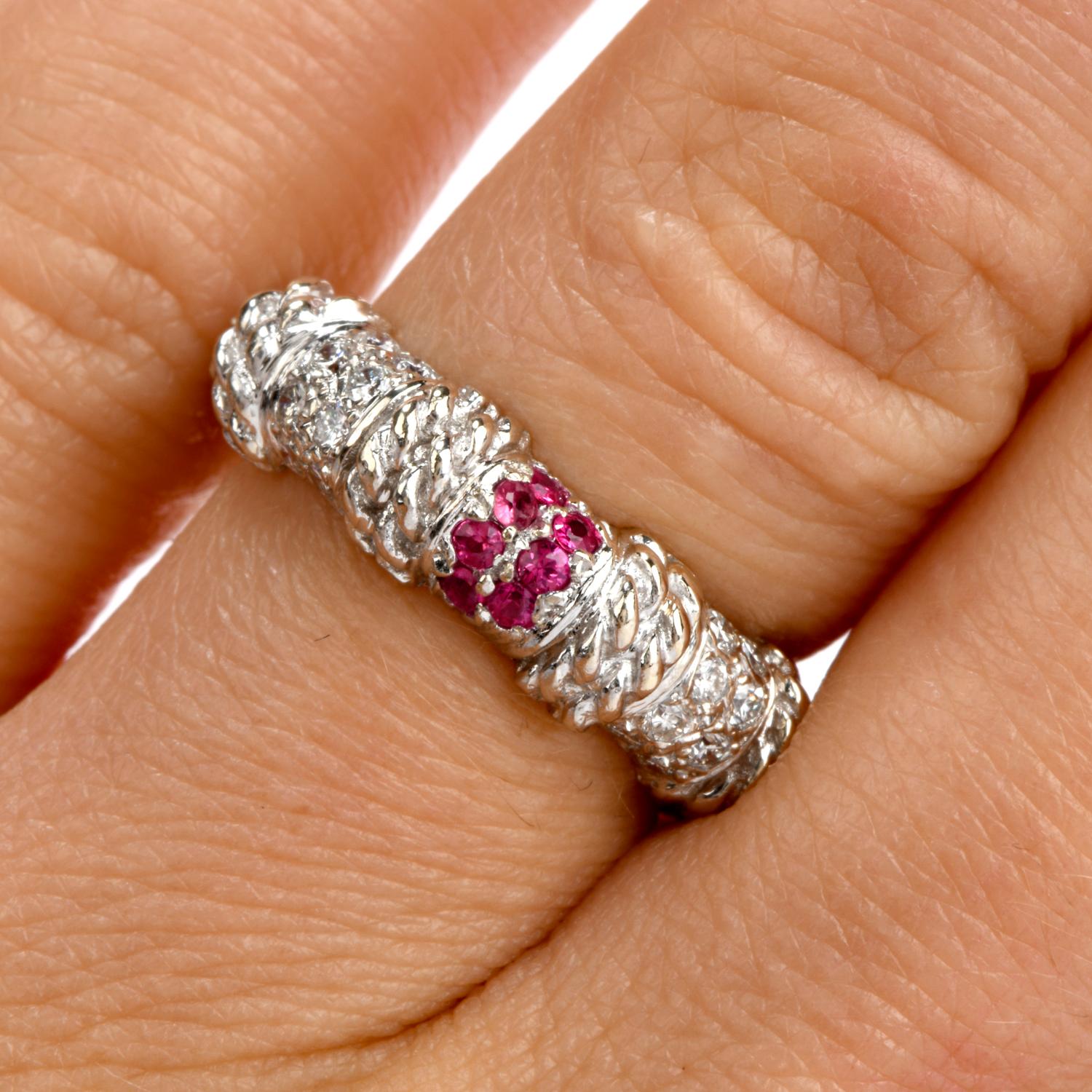 Art Deco Cassis Diamond Pink Sapphire 18 Karat Gold Eternity Stack Band Eternity Ring