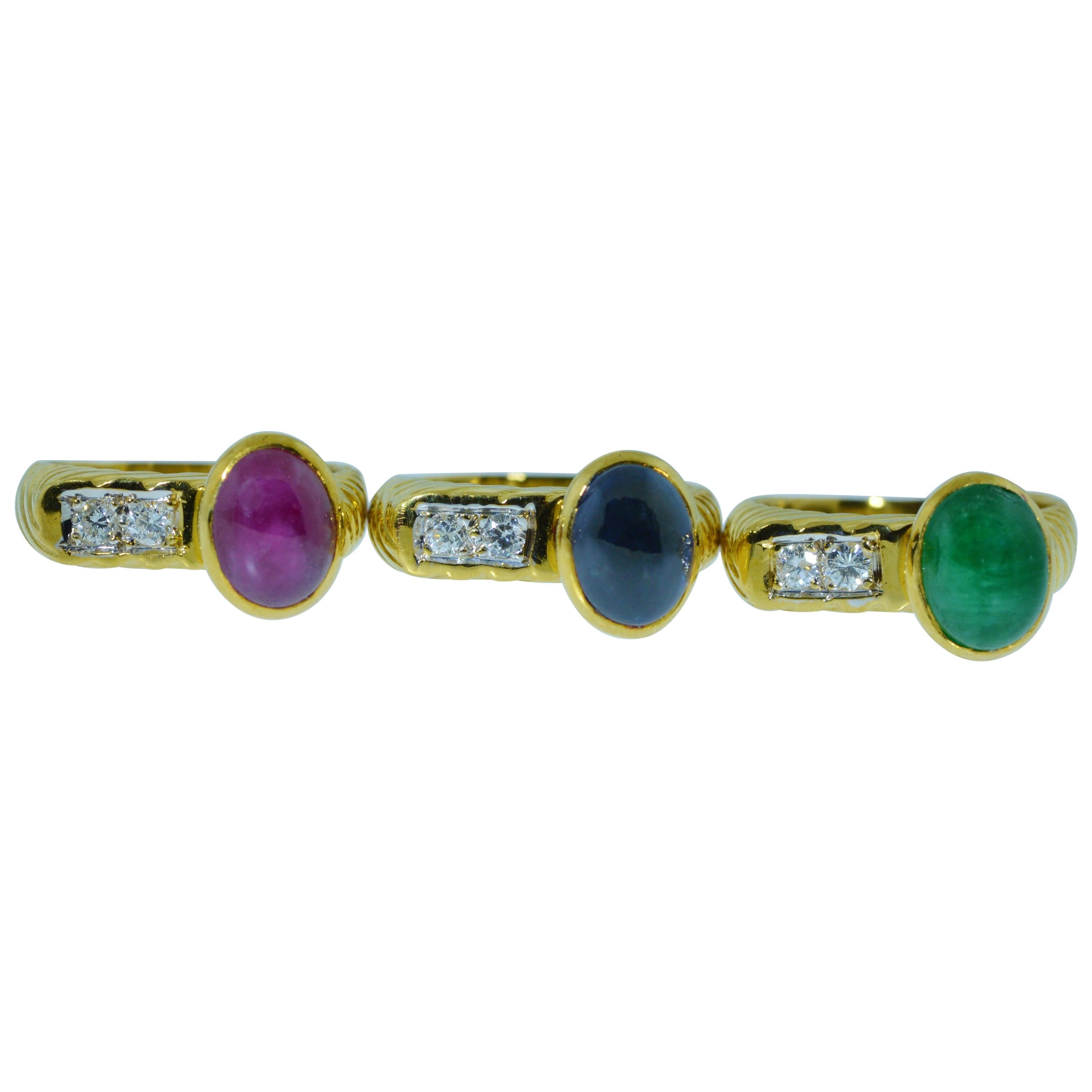 Cassis Signed Trio of Stackable Ruby, Sapphire and Emerald Rings with Diamonds For Sale