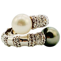 Cassis Tahitian and South Sea Pearl, Diamond and 18 Karat White Gold Bamboo Ring