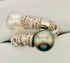 Cassis Tahitian and South Sea Pearl, Diamond and 18 Karat White Gold Bamboo Ring