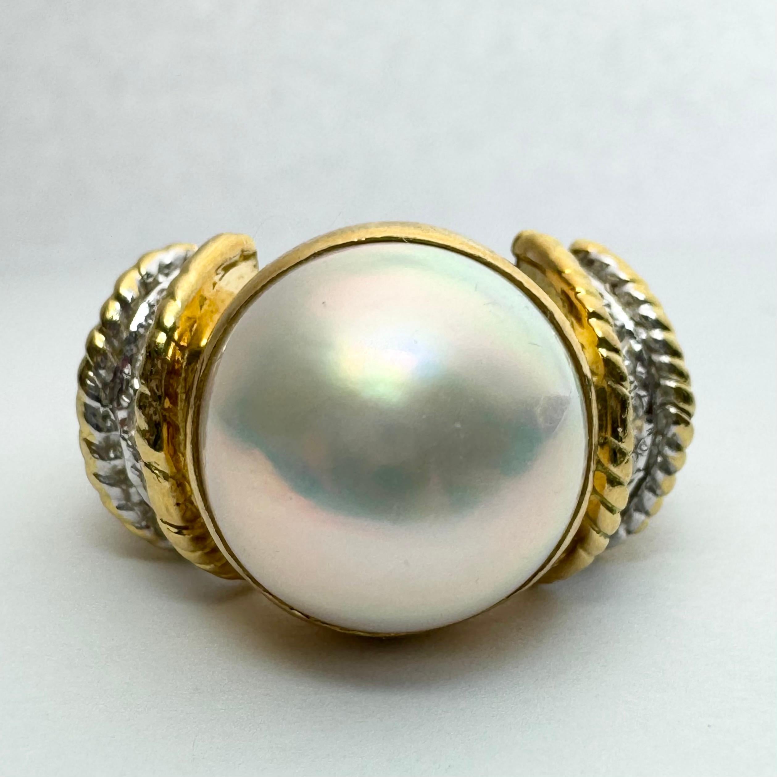 Women's Cassis White Pearl and Diamond Ring in 18k Yellow Gold  For Sale
