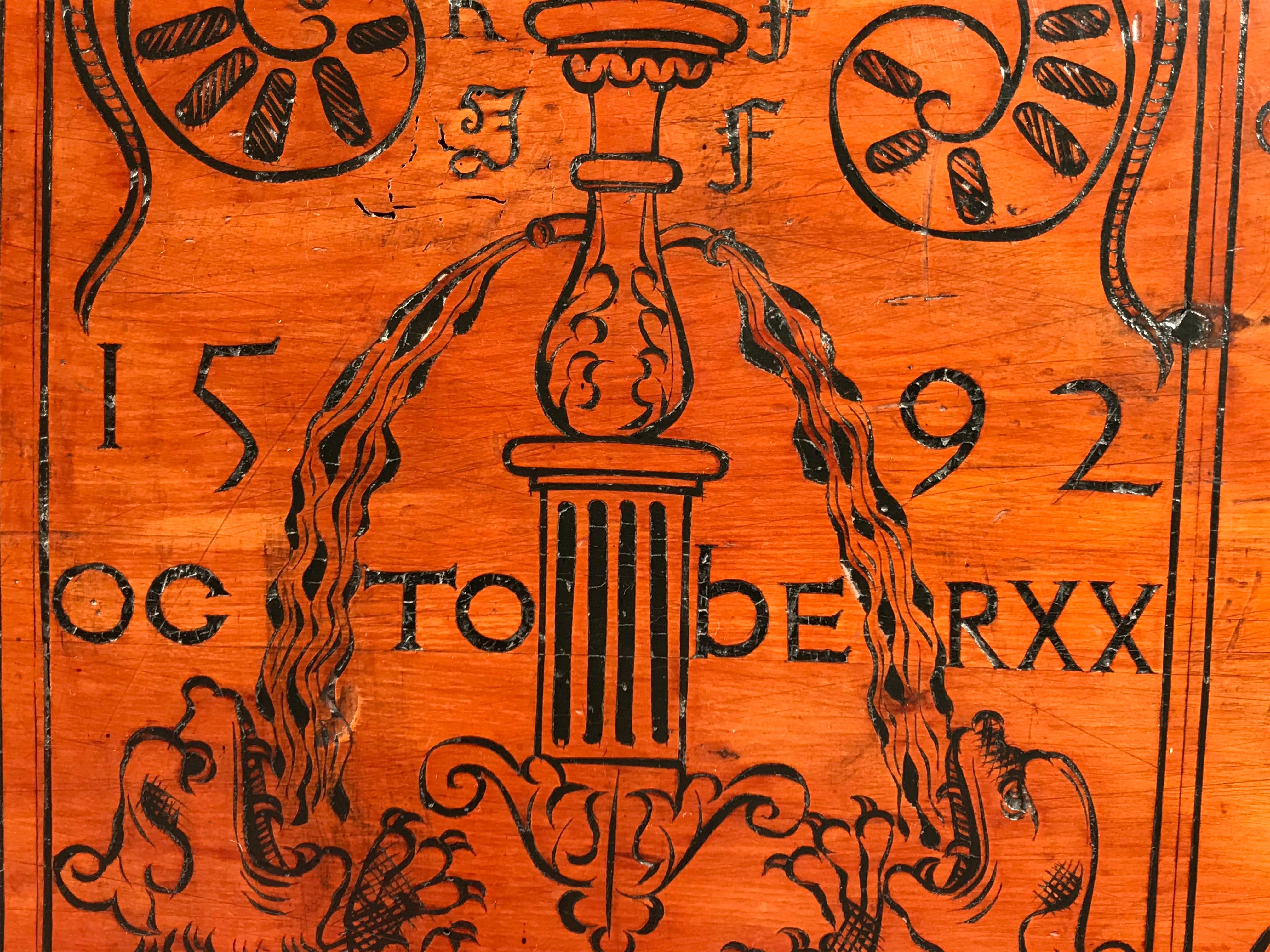 Cassone Chest Cedar Azores 20 October 1592 marriage scrollwork mastic punchwork 2