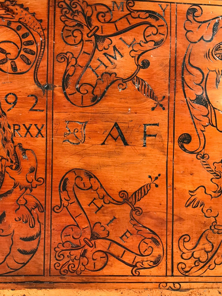 Cassone Chest Cedar Azores 20 October 1592 marriage scrollwork mastic punchwork For Sale 6