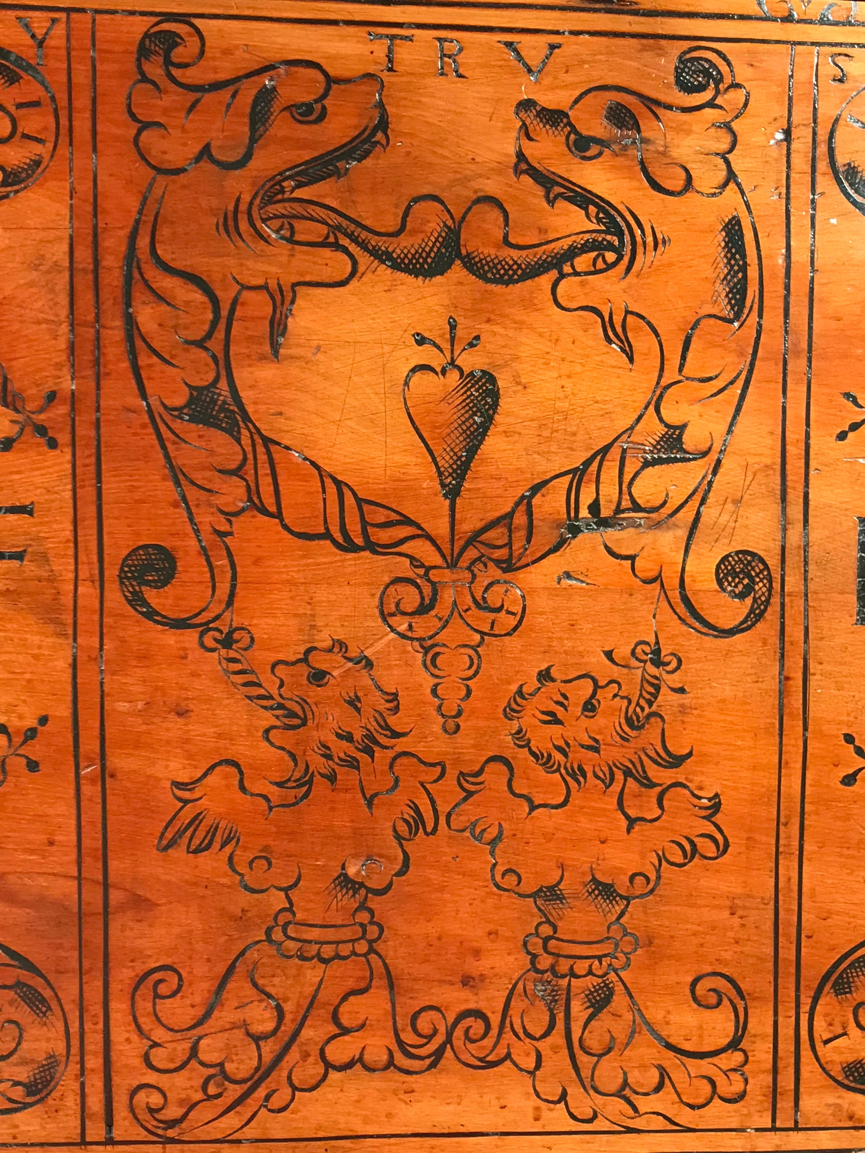 Cassone Chest Cedar Azores 20 October 1592 marriage scrollwork mastic punchwork For Sale 4