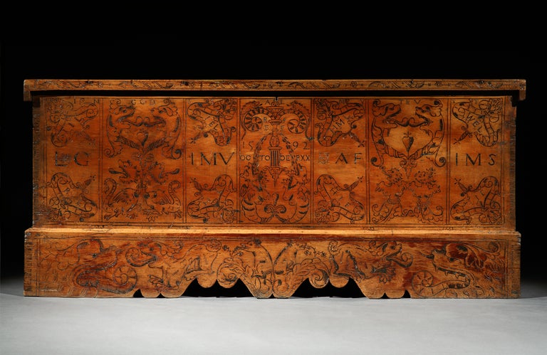 Exceptional, Museum Quality, Portuguese, Cedar Cassone, Made For The English Market, Dated ‘1592 October 20’ & Inscribed ‘In God Is Al My Trust’

This fascinating cassone is the most outstanding example from a small group of a rare, late-sixteenth