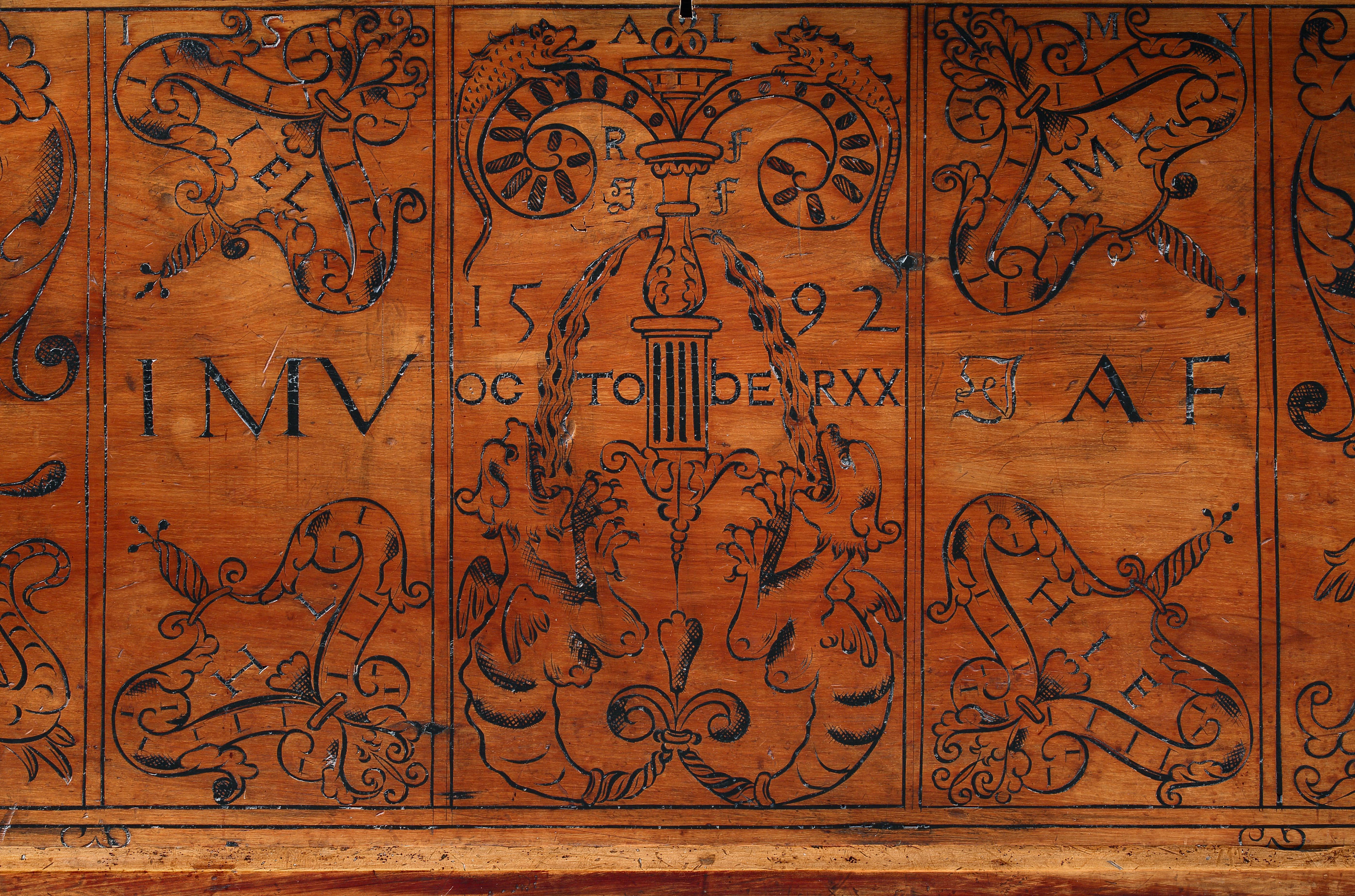 Renaissance Cassone Coffre Cedar Azores 20 octobre 1592, mariage, volutes majestueuses en vente