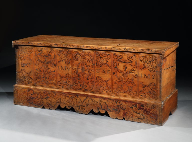 Unknown Cassone Chest Cedar Azores 20 October 1592 marriage scrollwork mastic punchwork For Sale