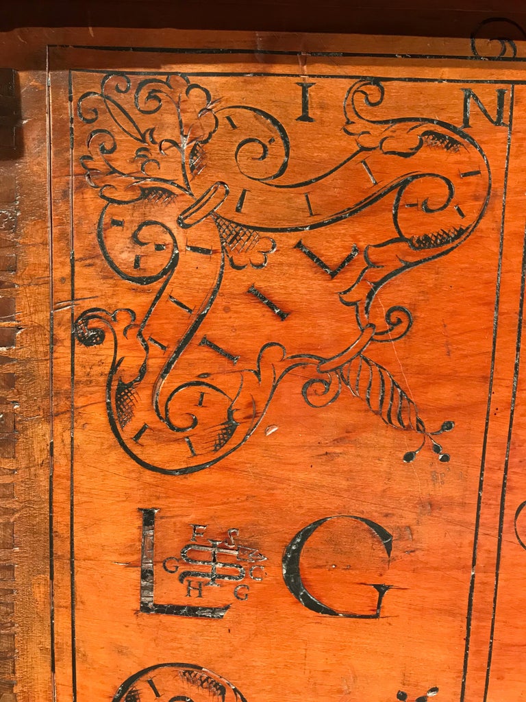 Joinery Cassone Chest Cedar Azores 20 October 1592 marriage scrollwork mastic punchwork For Sale