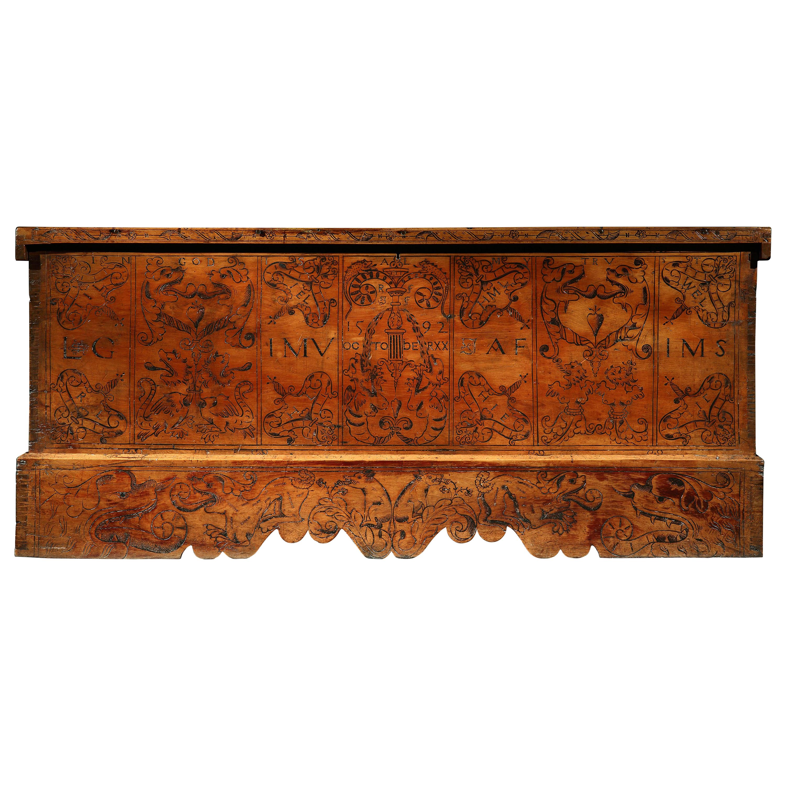 Cassone Chest Cedar Azores 20 October 1592 marriage scrollwork mastic punchwork