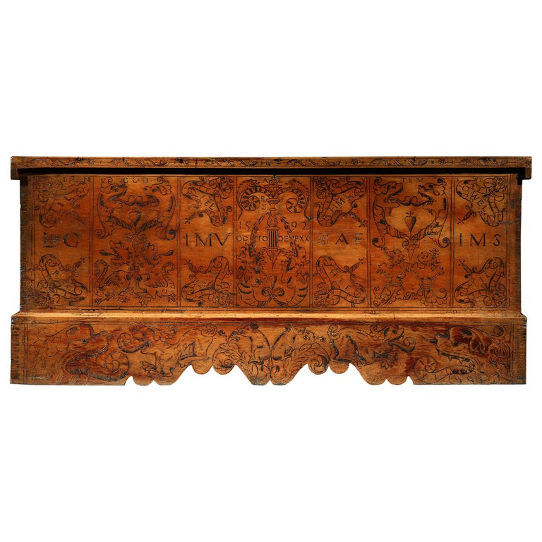 Cassone Chest Cedar Azores 20 October 1592 marriage scrollwork mastic punchwork For Sale