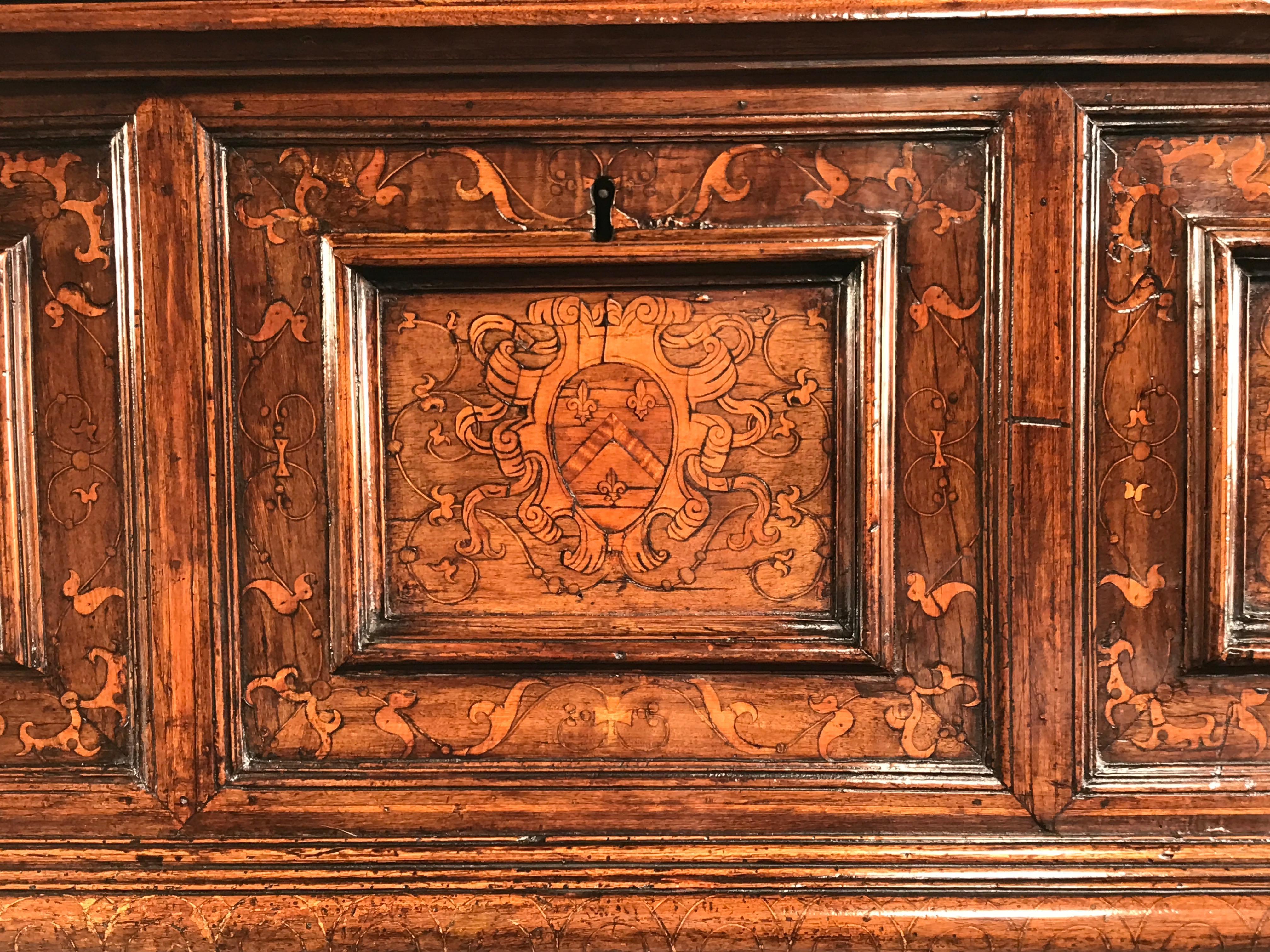 Cassone Marriage Chest Italian Marquetry Coat of Arms Gilded Renaissance L73.5