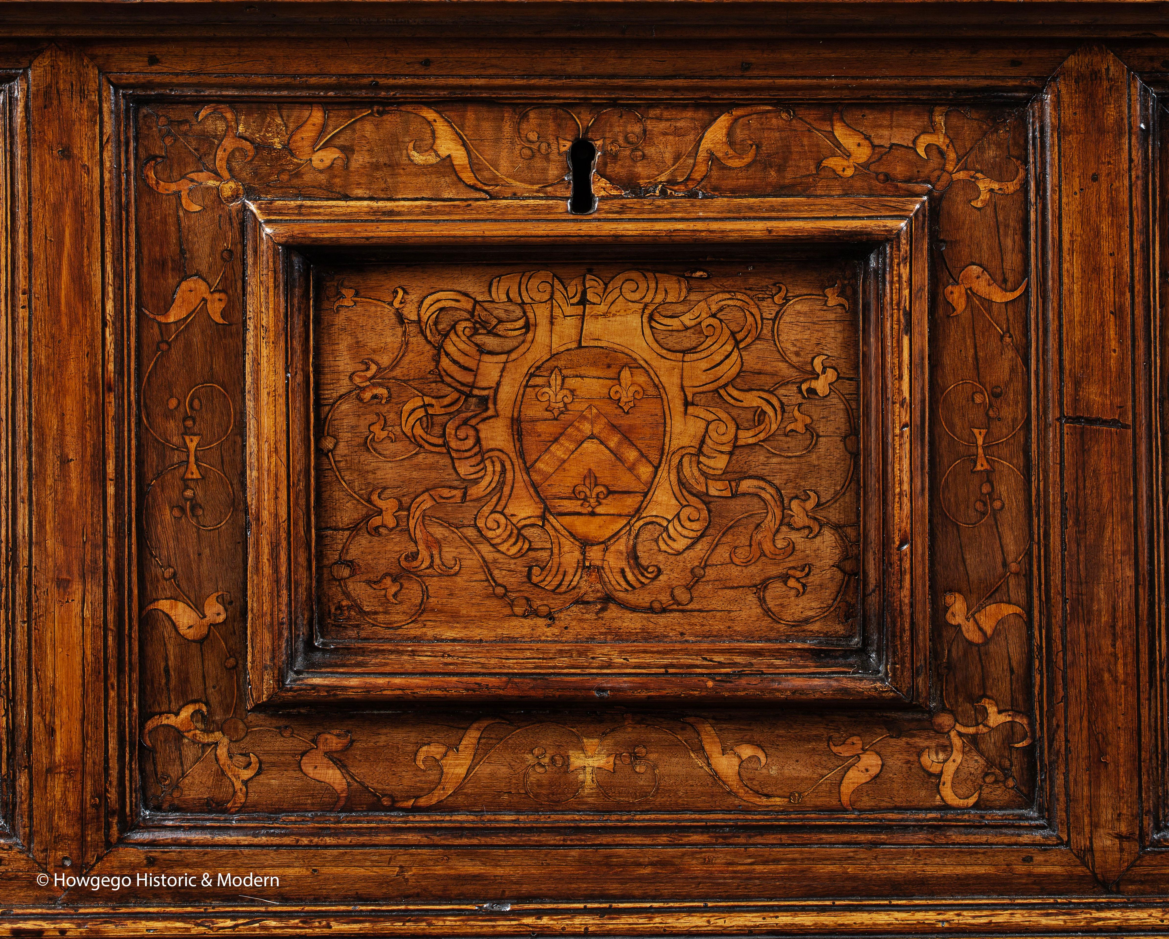 Inlay Cassone Marriage Chest Italian Marquetry Coat of Arms Gilded Renaissance L73.5