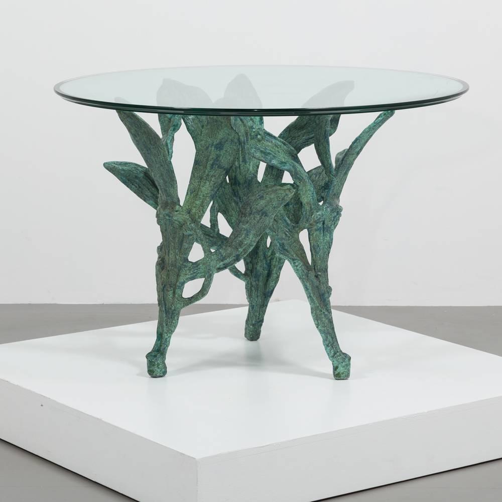 Verdi-Gris patinated cast aluminium sculptural centre or side table with a circular glass top, 1960s


  