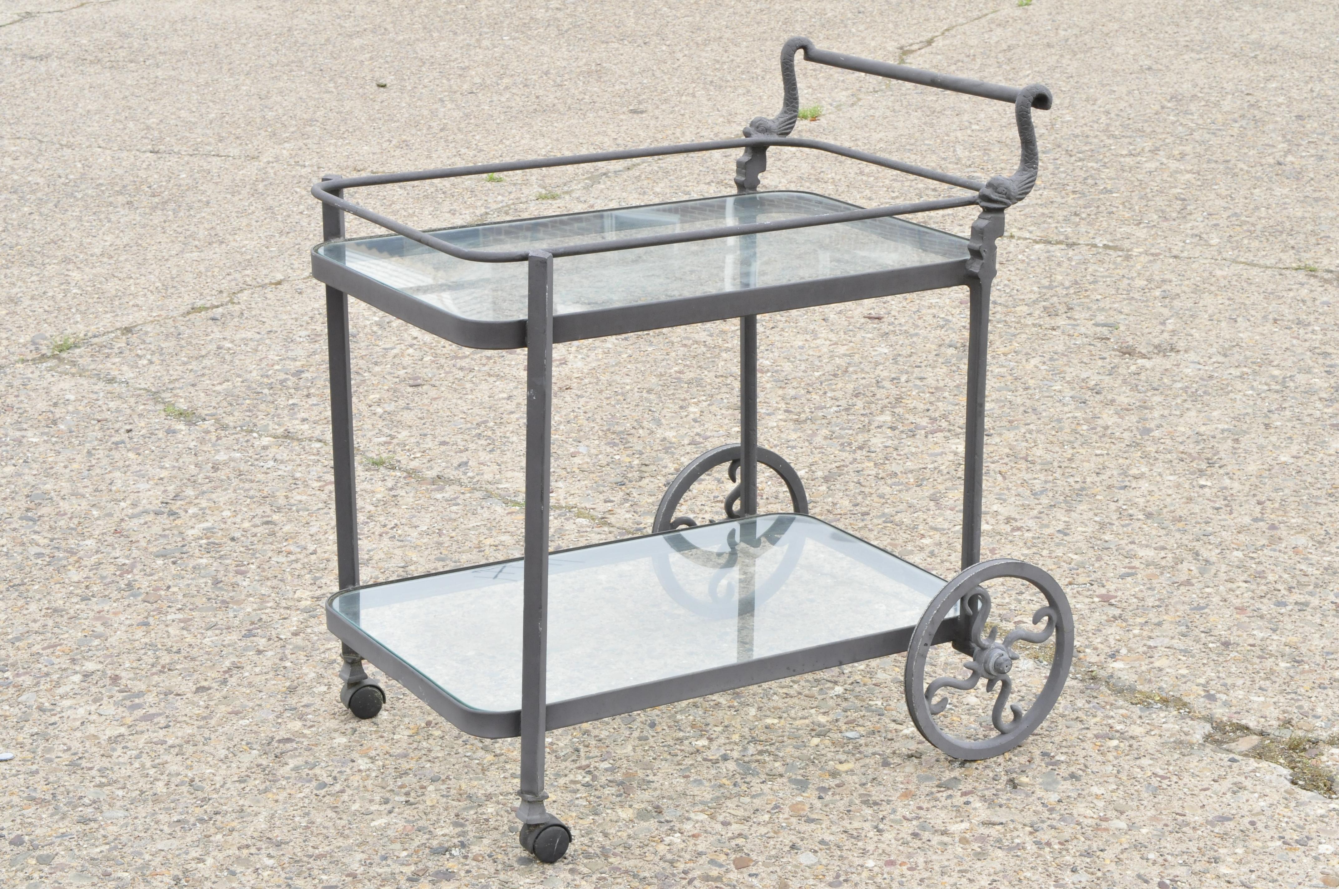 Cast Aluminum 2-Tier Rolling Bar Tea Cart Server Table with Fish Dolphin Handle 4