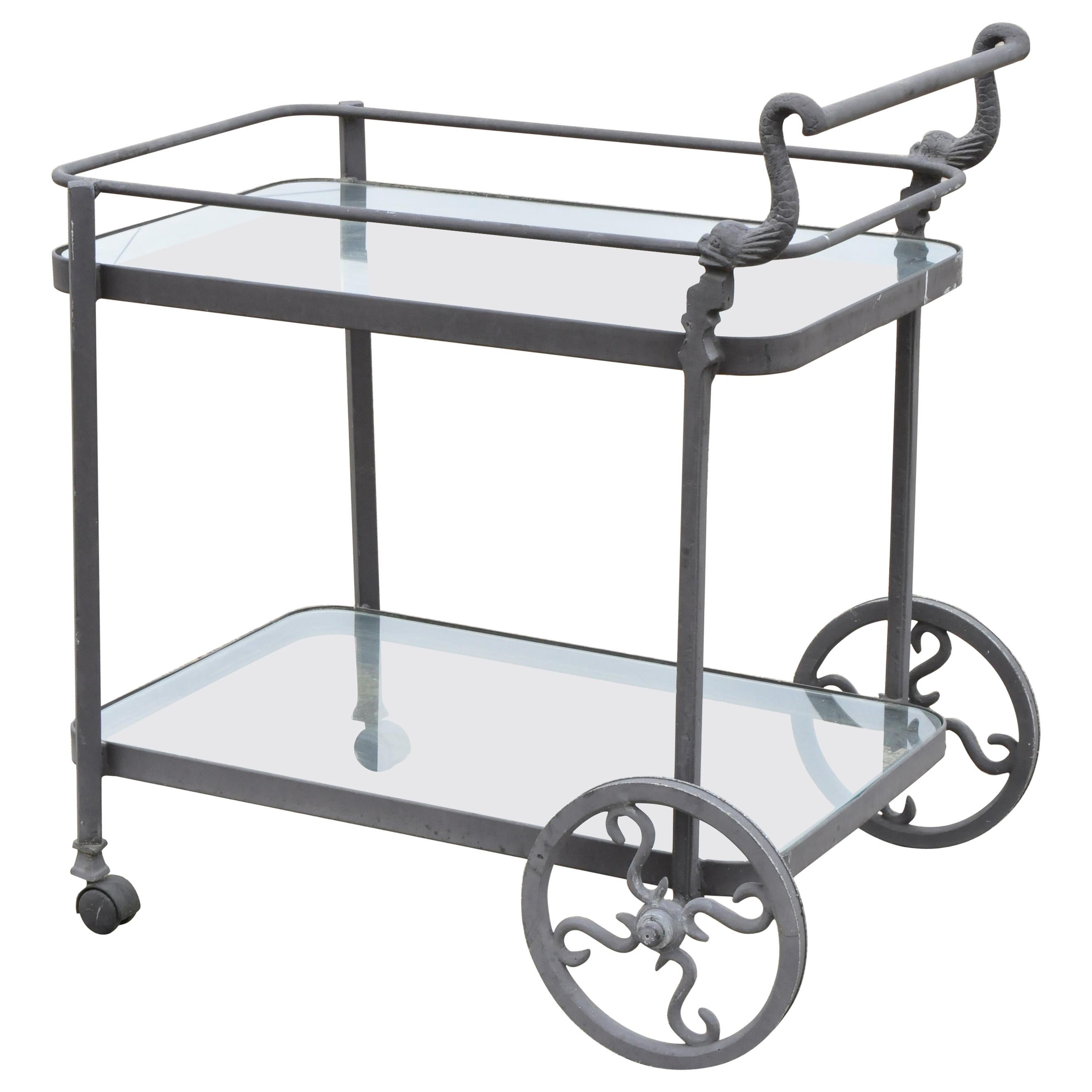 Cast Aluminum 2-Tier Rolling Bar Tea Cart Server Table with Fish Dolphin Handle