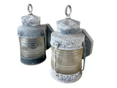Cast Aluminum and Glass Anchor Lantern Wall Sconces, a Pair