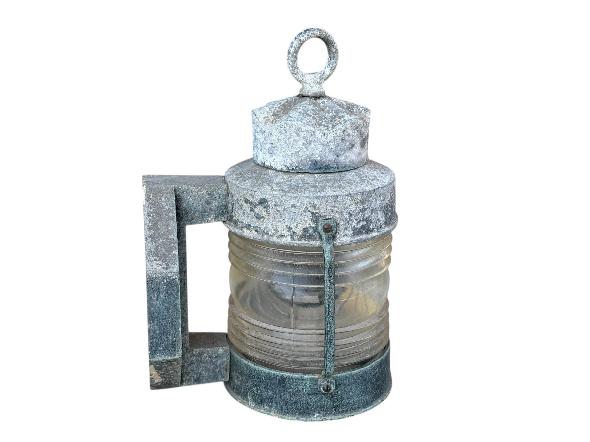 Mid-Century Modern Cast Aluminum and Glass Anchor Lantern Wall Sconces, a Pair For Sale