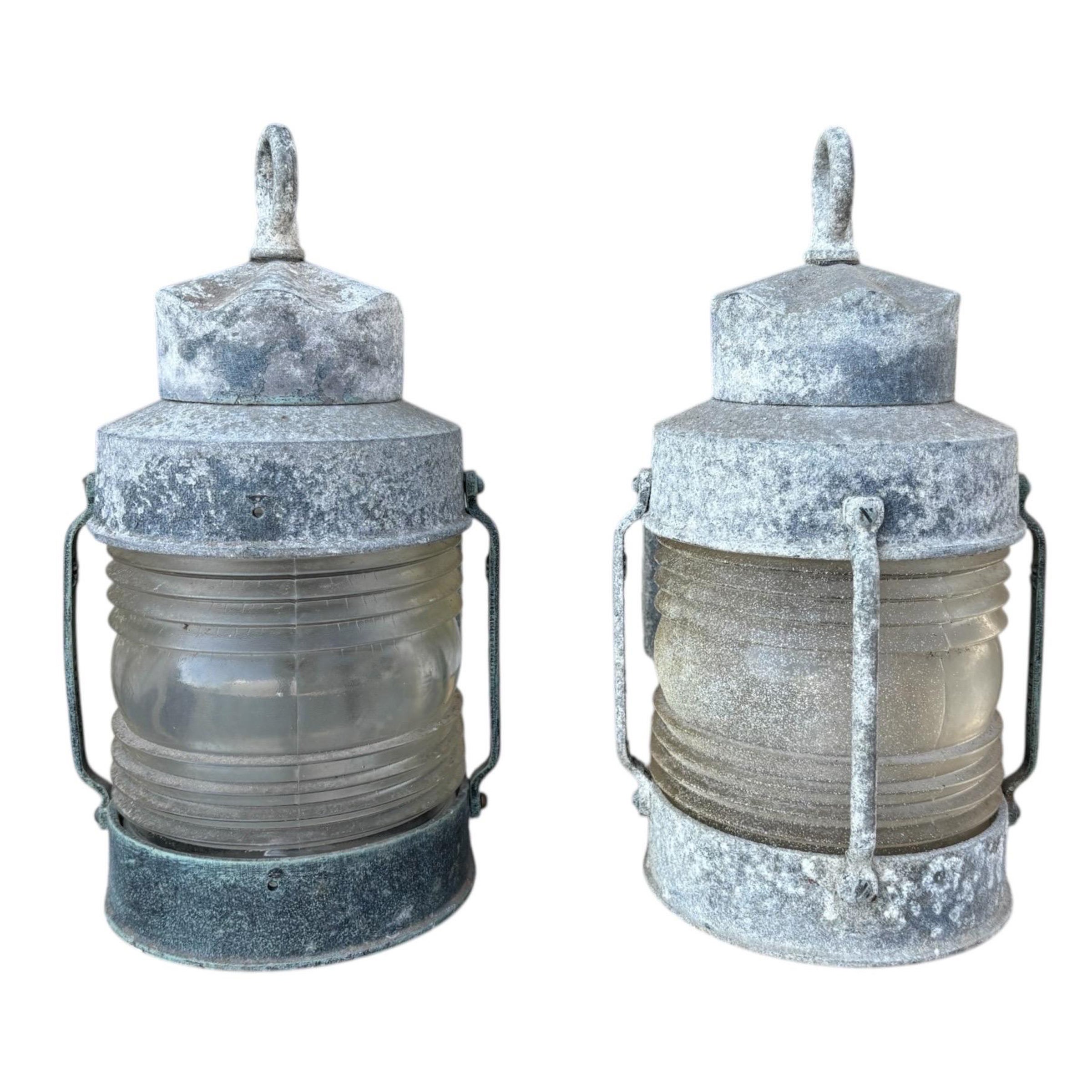 Cast Aluminum and Glass Anchor Lantern Wall Sconces, a Pair For Sale