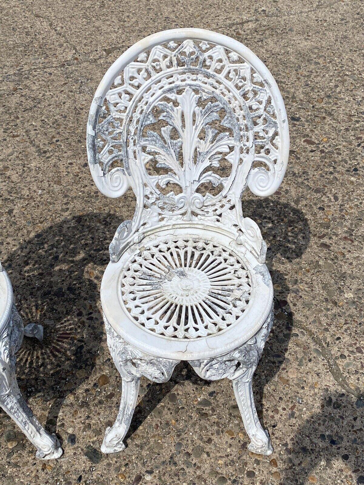 Victorian Cast Aluminum Antique Style Outdoor Garden Bistro Small Side Chairs - Pair