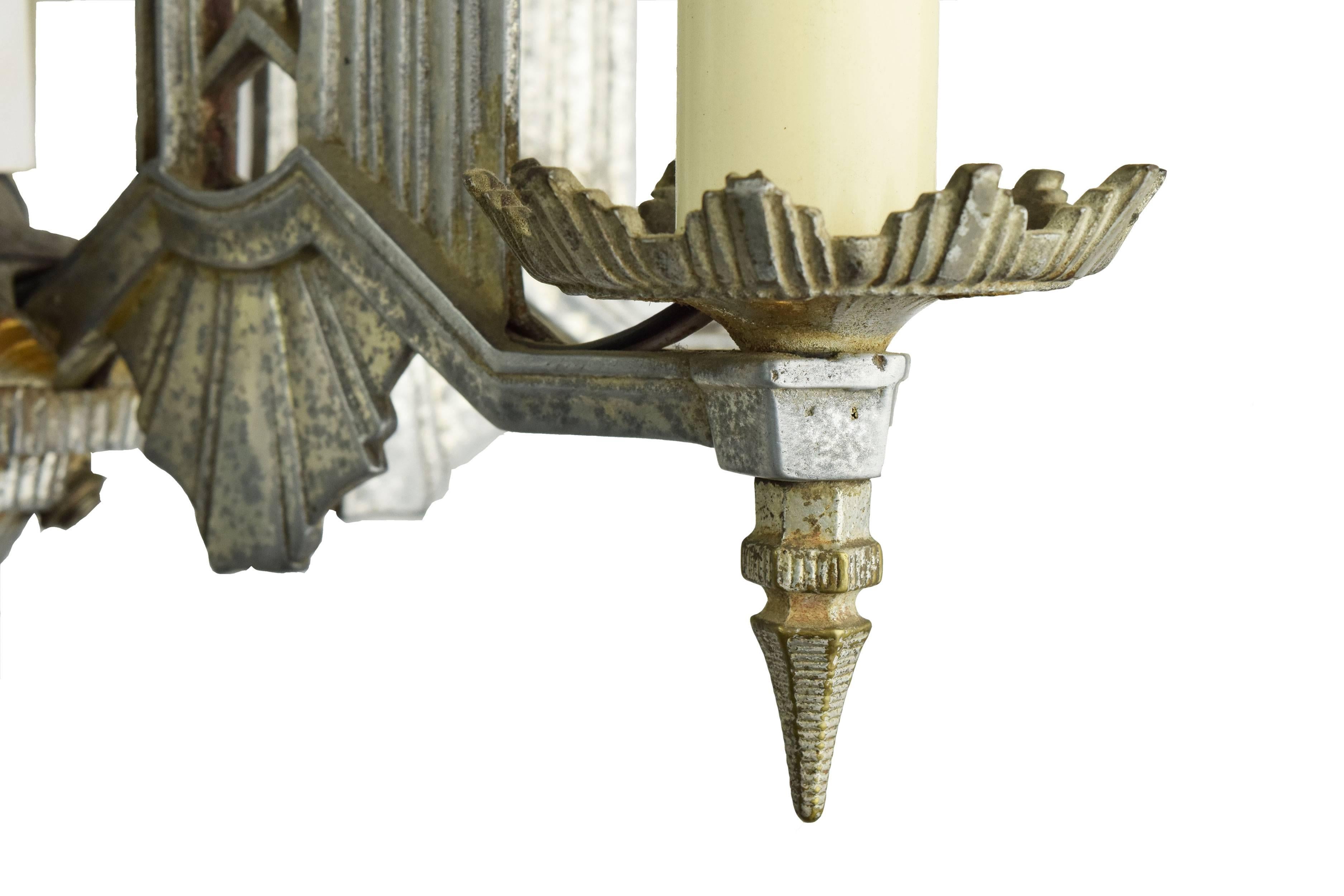 Cast Aluminum Art Deco Five-Candle Chandelier In Excellent Condition In Minneapolis, MN