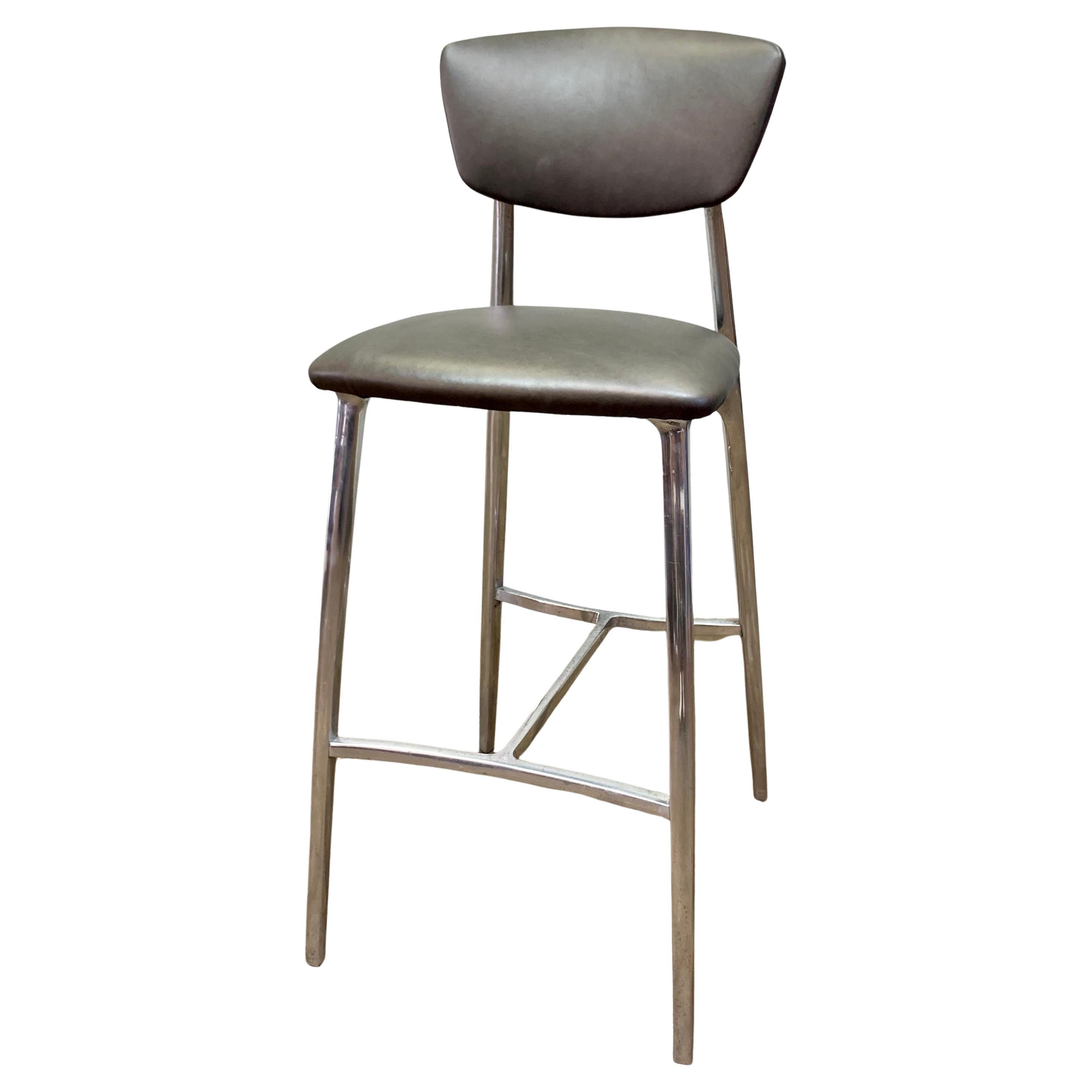 Cast Aluminum Bar Stool with Fresh Leather Upholstery