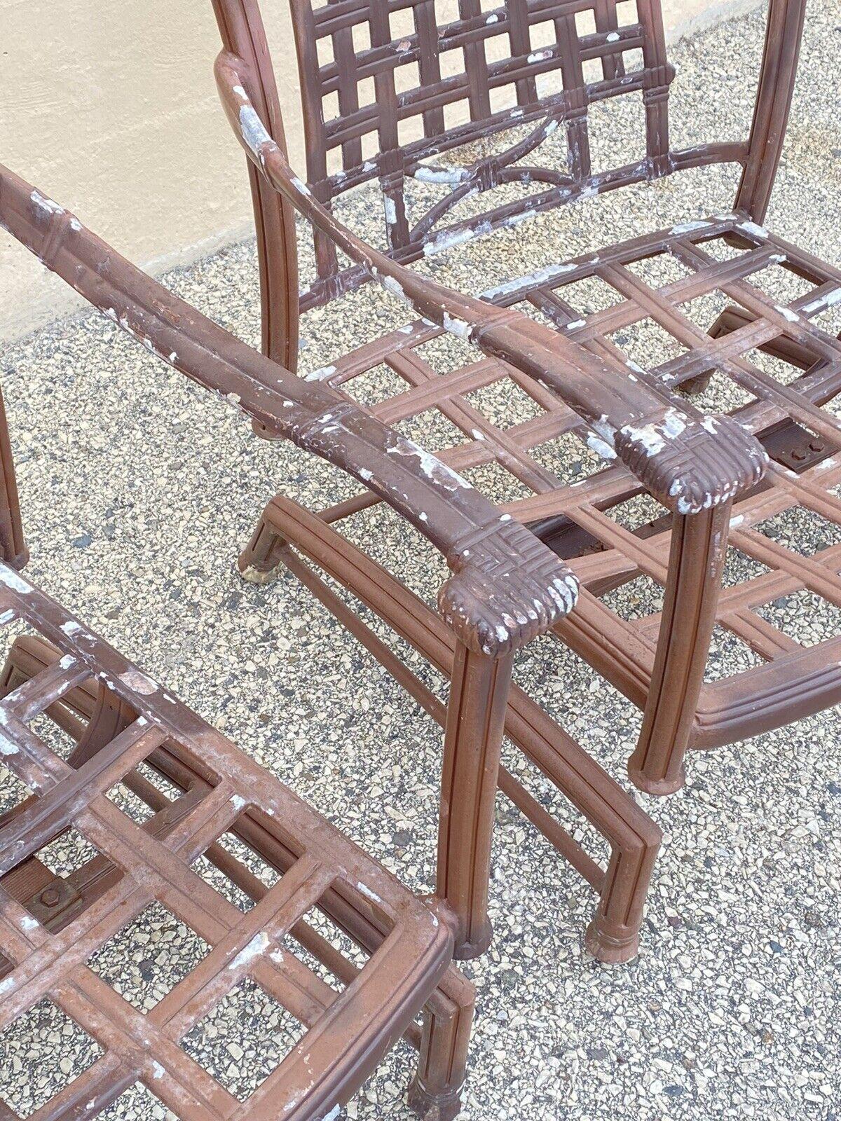Hollywood Regency Cast Aluminum Basket Weave Lattice Patio Outdoor Rocking Lounge Chairs - a Pair For Sale