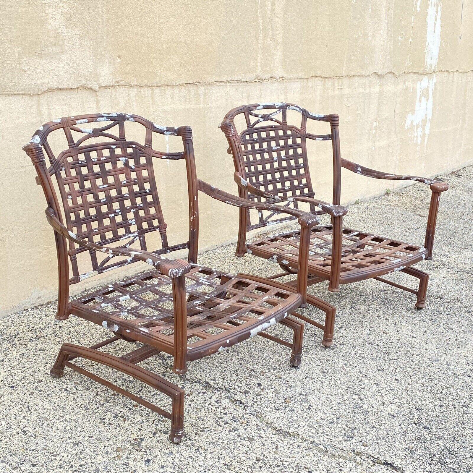 Cast Aluminum Basket Weave Lattice Patio Outdoor Rocking Lounge Chairs - a Pair In Good Condition For Sale In Philadelphia, PA
