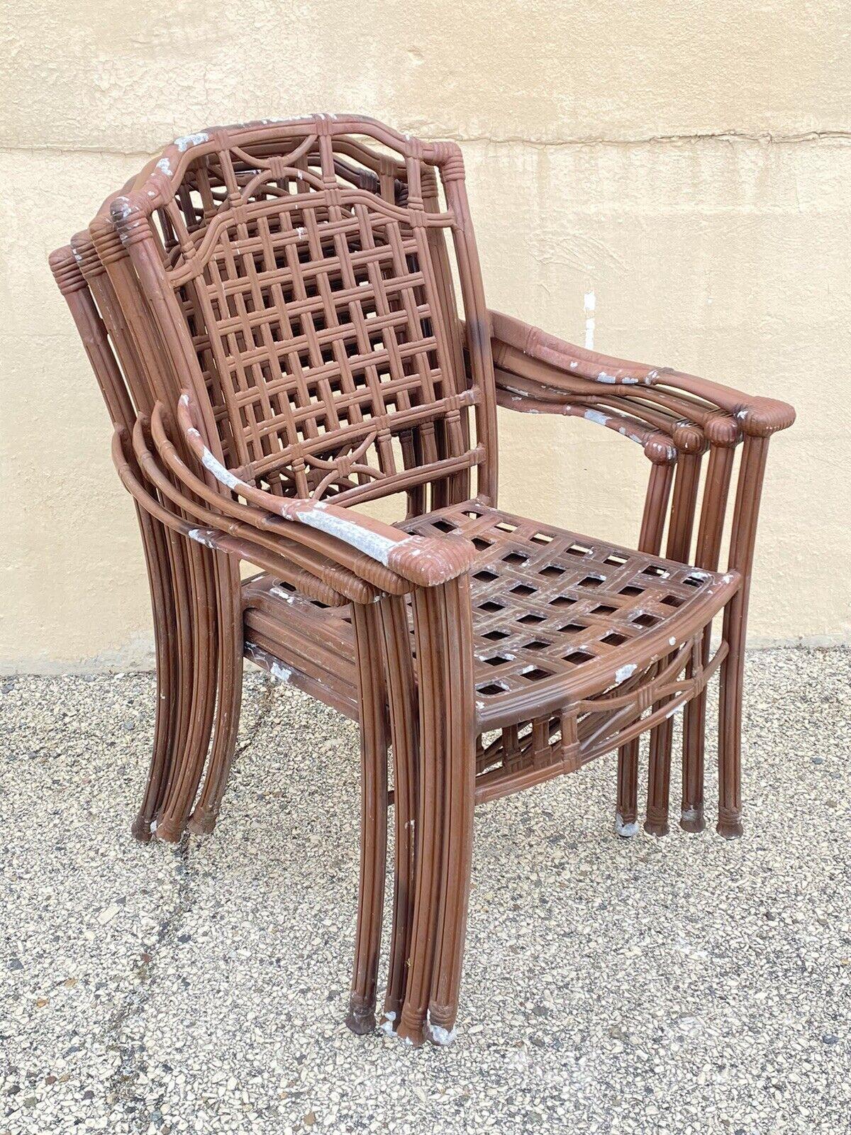 Cast Aluminum Basket Weave Lattice Rattan Patio Outdoor Arm Chairs - Set of 4 For Sale 4