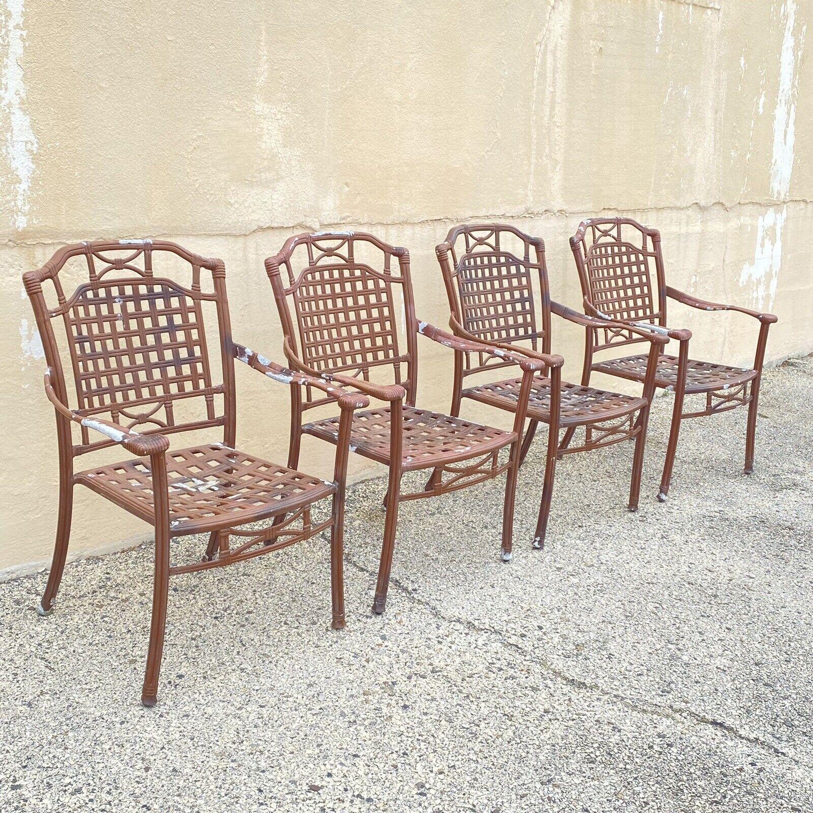 Cast Aluminum Basket Weave Lattice Rattan Patio Outdoor Arm Chairs - Set of 4 For Sale 5