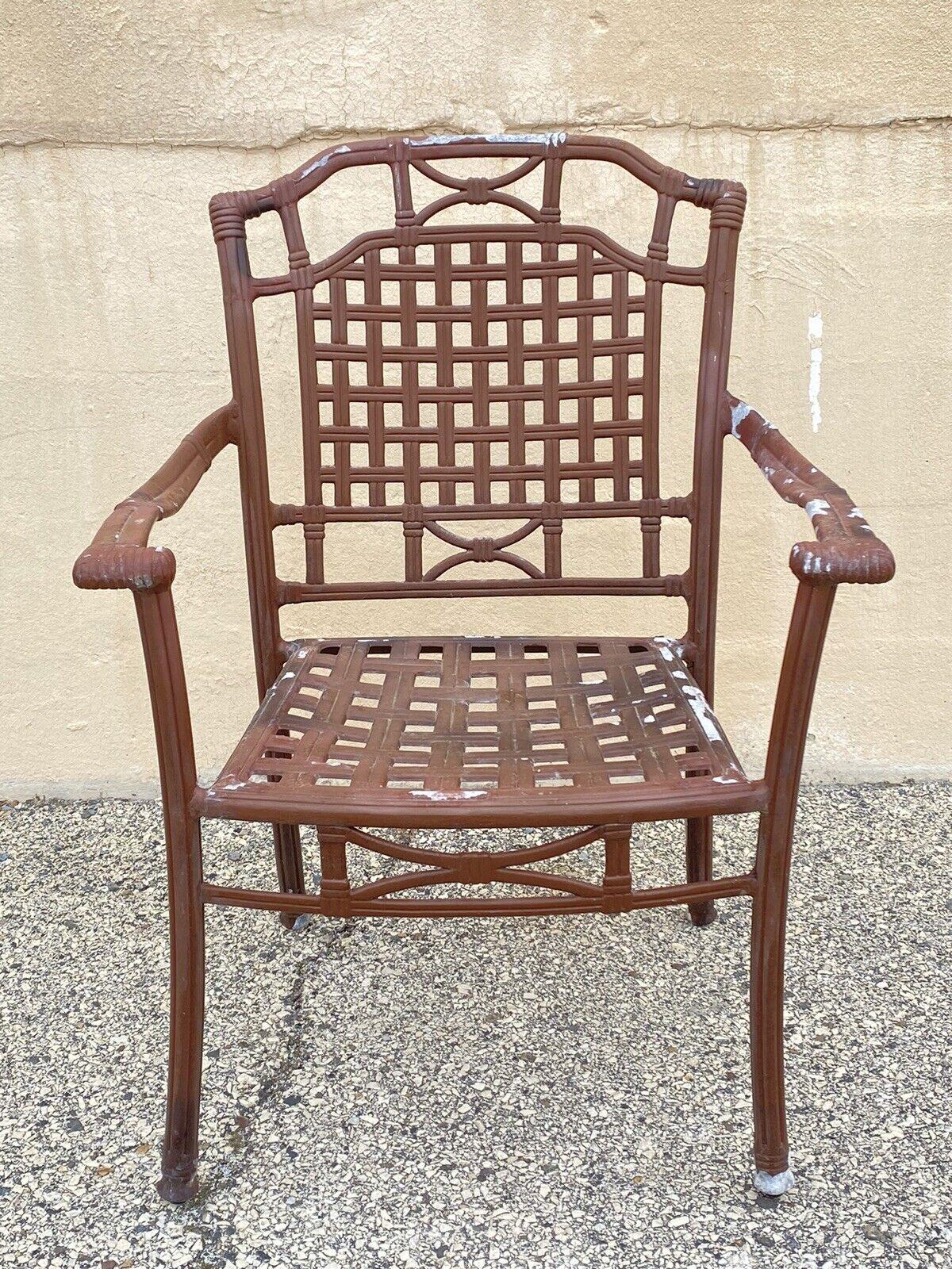 Hollywood Regency Cast Aluminum Basket Weave Lattice Rattan Patio Outdoor Arm Chairs - Set of 4 For Sale